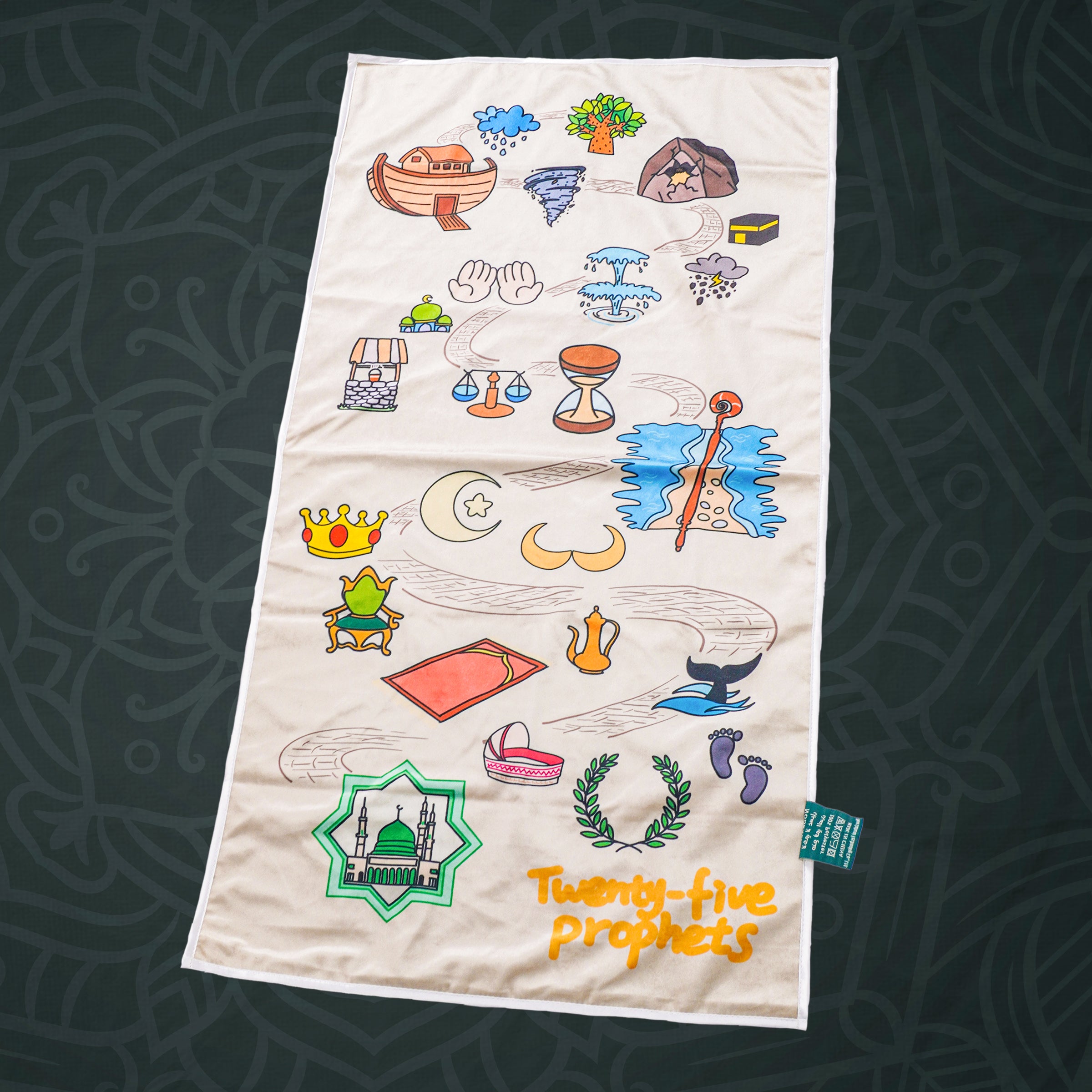 Eco-Friendly Kids Islamic Prayer Mat - 25 Prophets Stories Educational Muslim Rug with Kaaba & Prophet Tales, Waterproof Zero Formaldehyde & Odor-Free