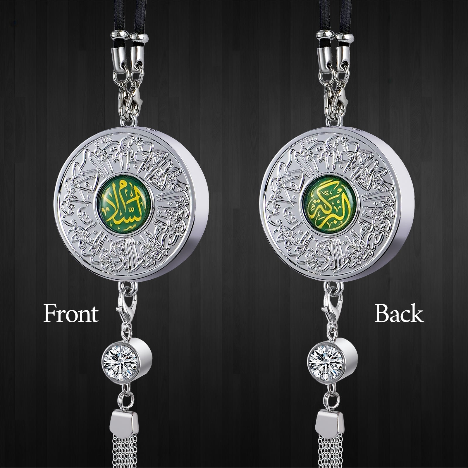 Islamic Car Hanging Ornament with Quranic Verses – Zinc Alloy Perfume Diffuser Pendant with Arabic Calligraphy "Salaam" & "Barakah" – Muslim Car Decor for Peace & Blessings