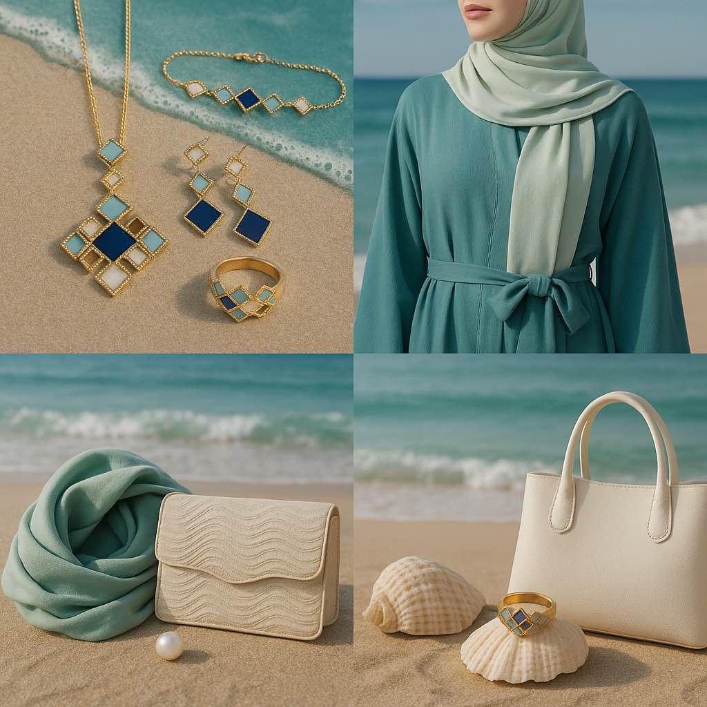 Islamic Jewelry Set in Mosque Blue – 18K Gold-Plated Copper Geometric Necklace, Earrings, Bracelet & Ring – Muslim Fashion Gift for Ramadan & Eid