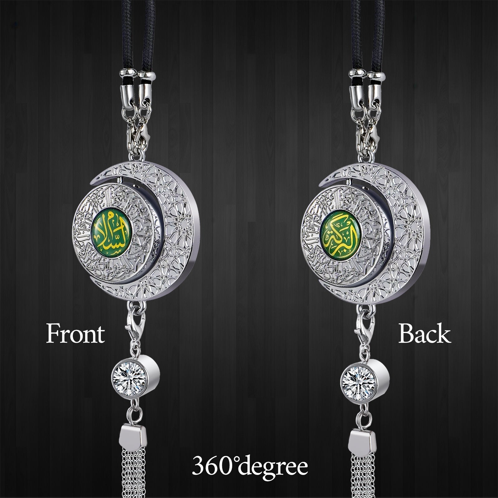 Luxury Islamic Car Air Fresheners – Silver Zinc Alloy Charms with "Salam" & "Barakah", Quranic Calligraphy & Perfume Holder