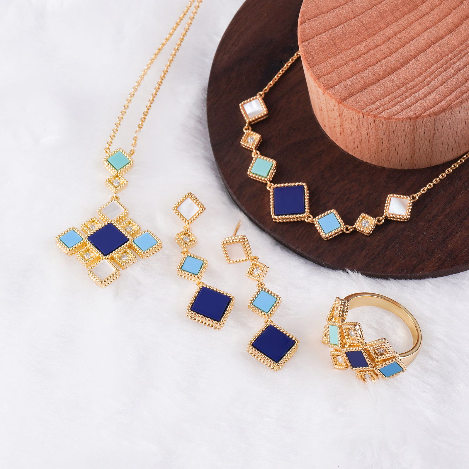 Islamic Jewelry Set in Mosque Blue – 18K Gold-Plated Copper Geometric Necklace, Earrings, Bracelet & Ring – Muslim Fashion Gift for Ramadan & Eid