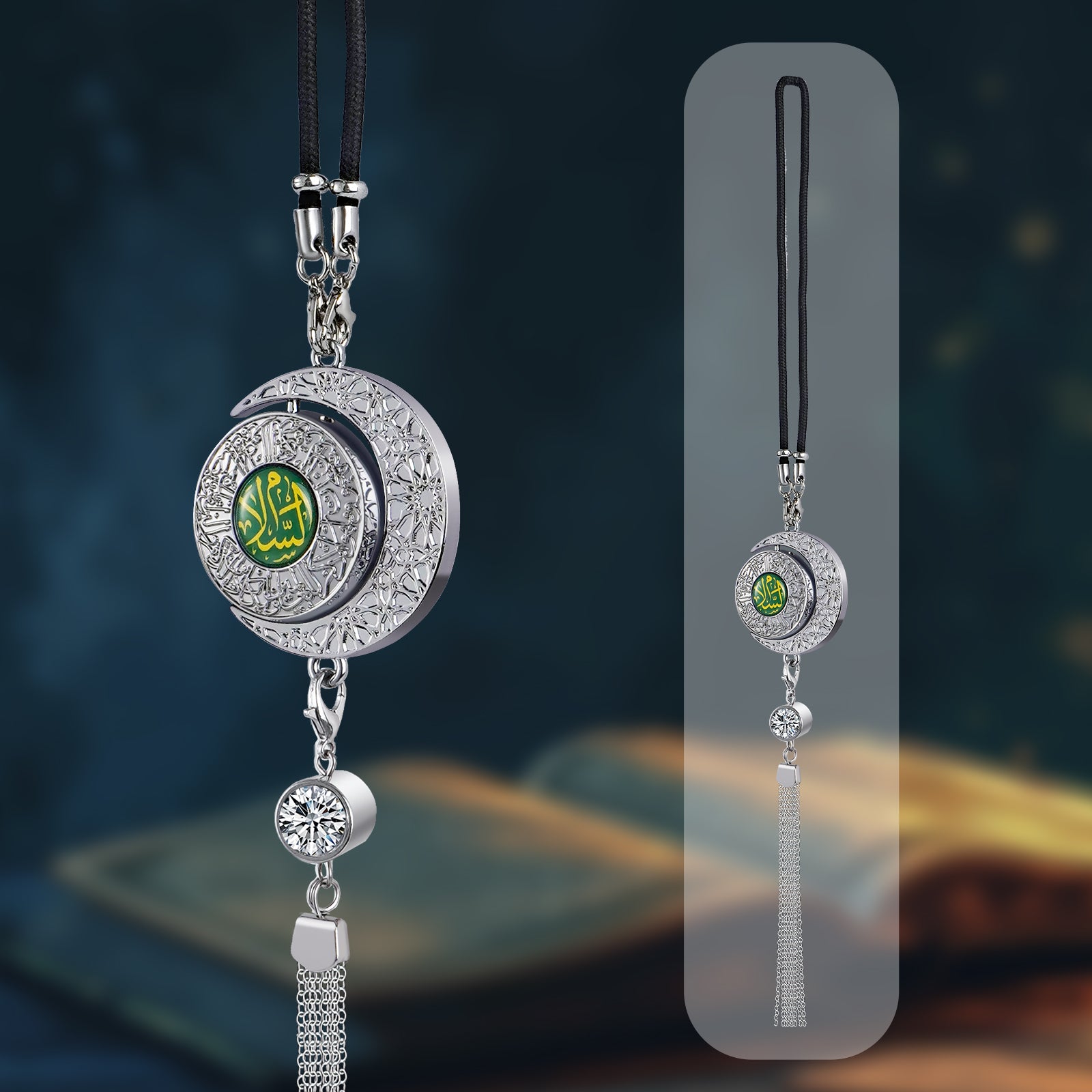 Islamic Star and Crescent Car Hanging Ornament with Quranic Verses – Zinc Alloy Perfume Diffuser Pendant Featuring Arabic Calligraphy "Salaam" & "Barakah" – Muslim Car Decor with 360° Swivel Design