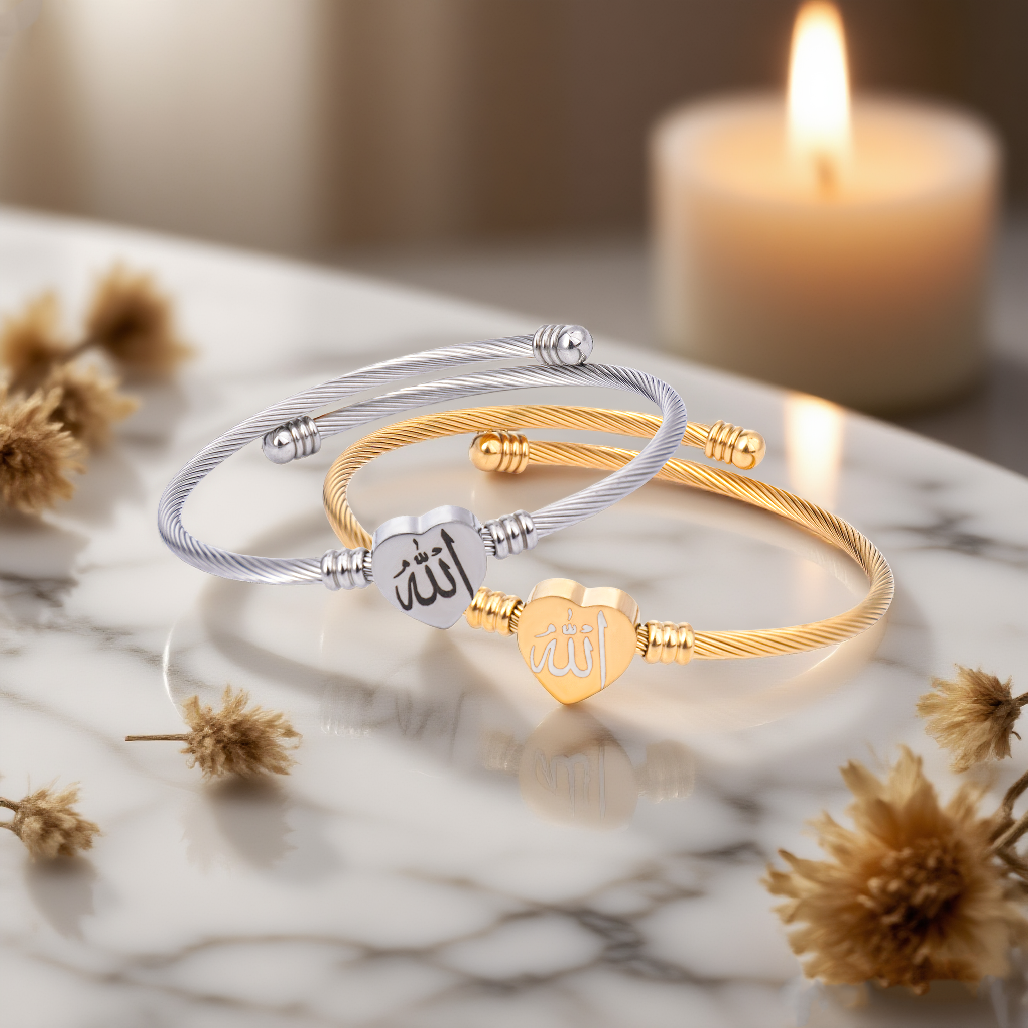 Islamic Allah Bracelet – Stainless Steel, Heart Shape, Gold & Silver