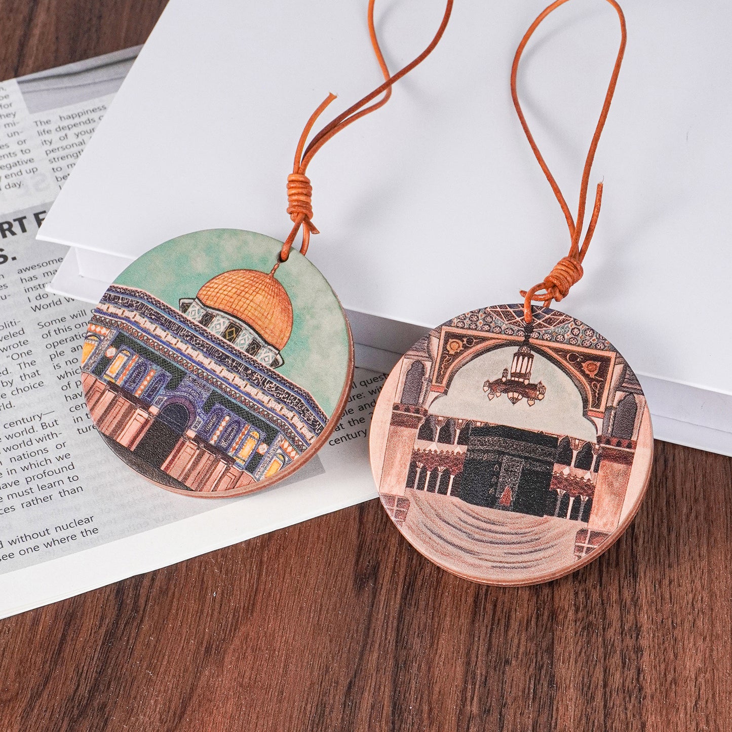 Islamic Car Hanging – Genuine Leather with Dome of the Rock & Kaaba Art