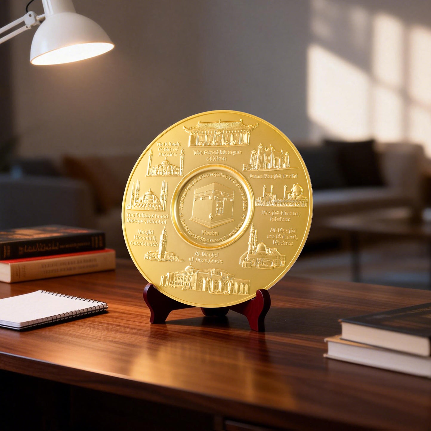 Islamic Mosque Decor Plate – Kaaba & World Famous Mosques, 24cm Electroplated Zinc Alloy with Stand & Gift Box