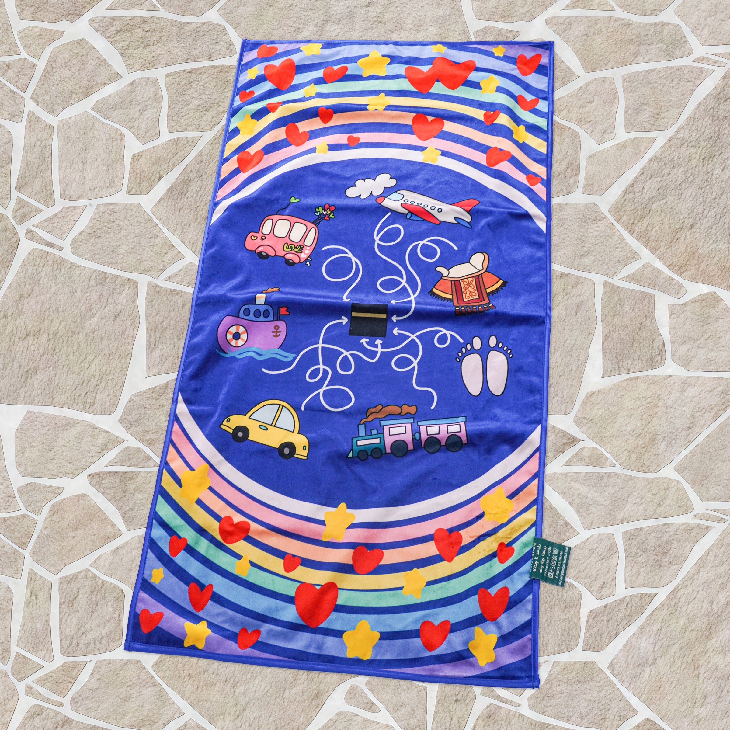 Eco-Friendly Kids Islamic Prayer Mat - Colorful Transport Adventure Muslim Salah Rug with Kaaba, Zero Formaldehyde & Odor-Free for Children
