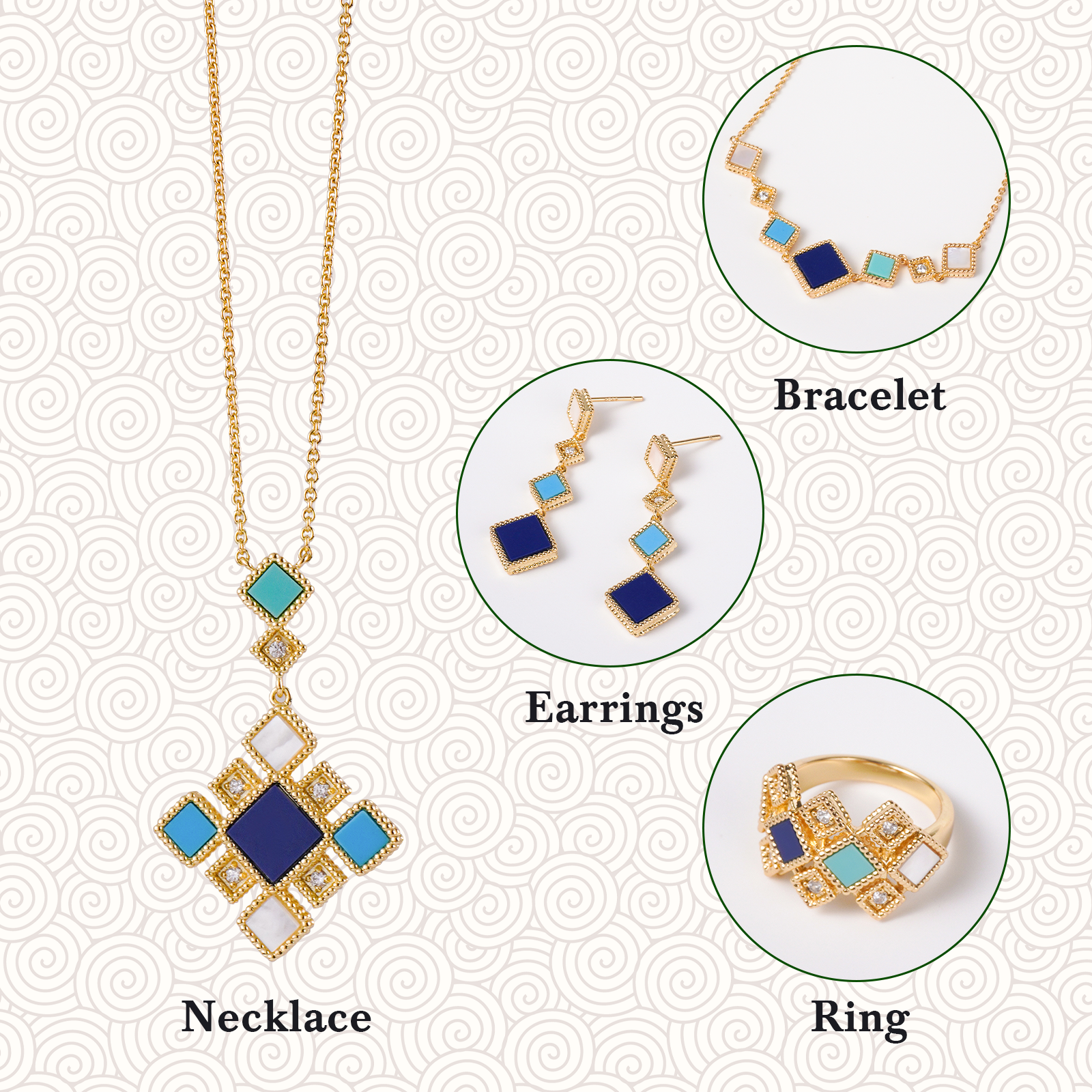 Islamic Jewelry Set in Mosque Blue – 18K Gold-Plated Copper Geometric Necklace, Earrings, Bracelet & Ring – Muslim Fashion Gift for Ramadan & Eid