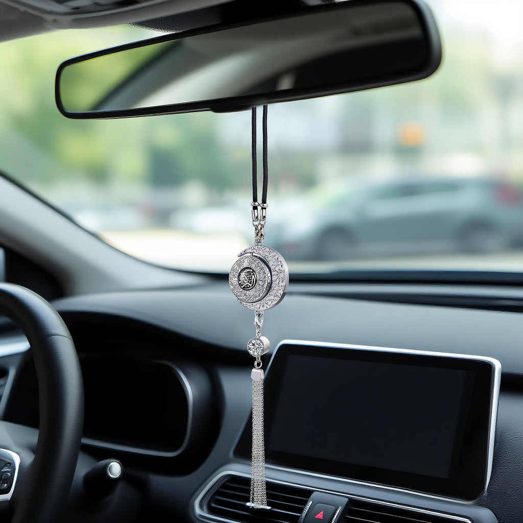 Islamic Star and Crescent Car Hanging Ornament with Quranic Verses – Zinc Alloy Perfume Diffuser Pendant Featuring Arabic Calligraphy "Salaam" & "Barakah" – Muslim Car Decor with 360° Swivel Design