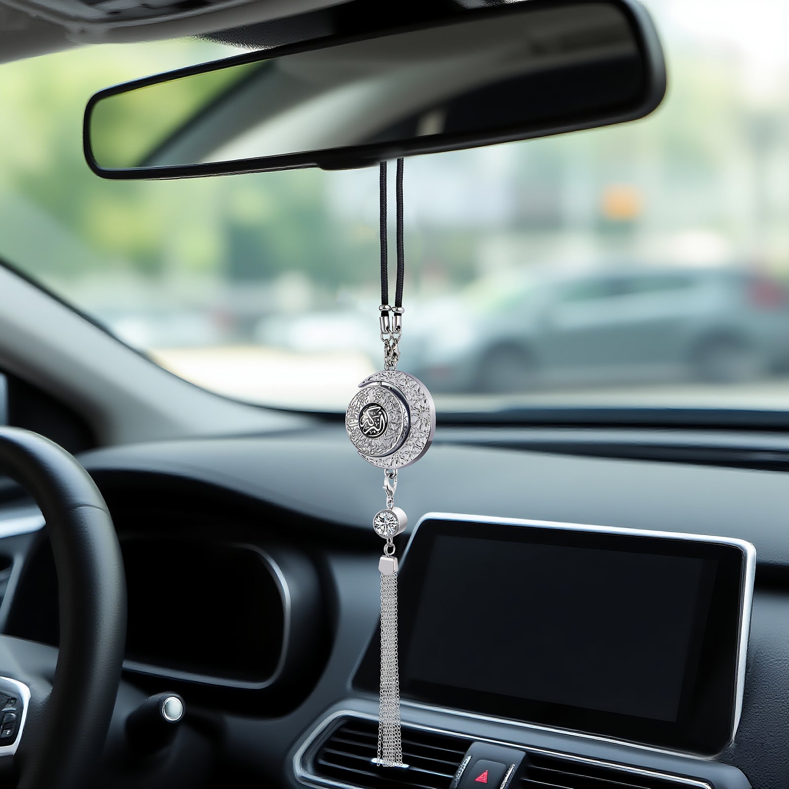 Islamic Star and Crescent Car Hanging Ornament with Quranic Verses – Zinc Alloy Perfume Diffuser Pendant Featuring Arabic Calligraphy "Salaam" & "Barakah" – Muslim Car Decor with 360° Swivel Design