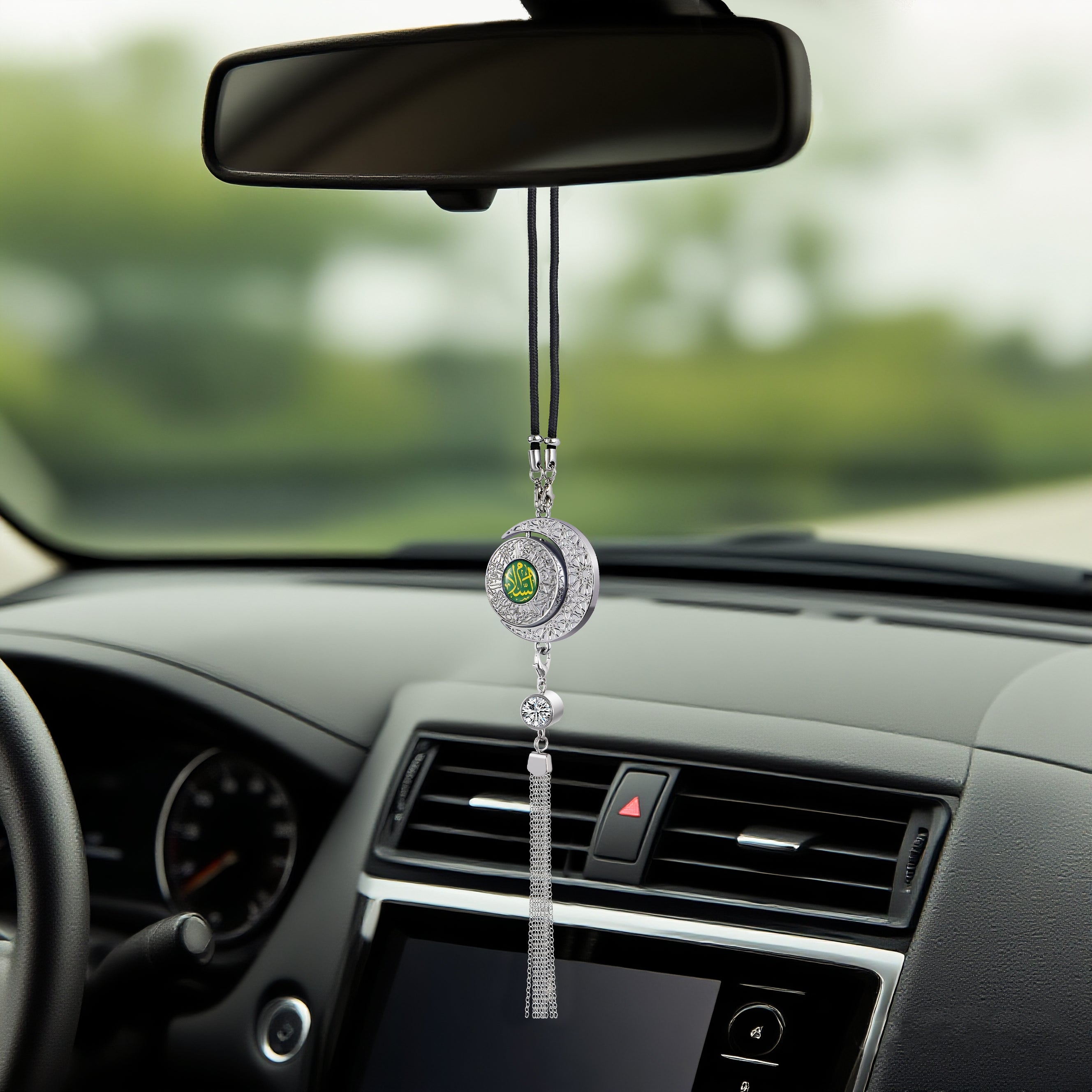 Islamic Star and Crescent Car Hanging Ornament with Quranic Verses – Zinc Alloy Perfume Diffuser Pendant Featuring Arabic Calligraphy "Salaam" & "Barakah" – Muslim Car Decor with 360° Swivel Design