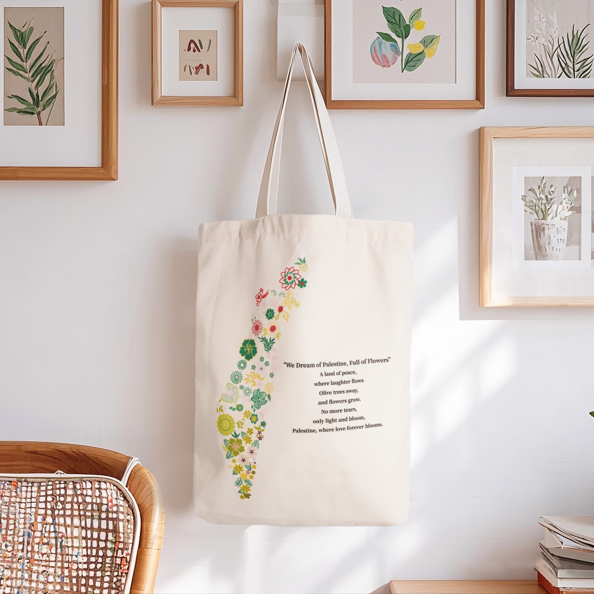 Palestine Tote Bag – "We Dream of Palestine, Full of Flowers" | Olive Tree Art, Peace & Islamic Design Canvas Bag