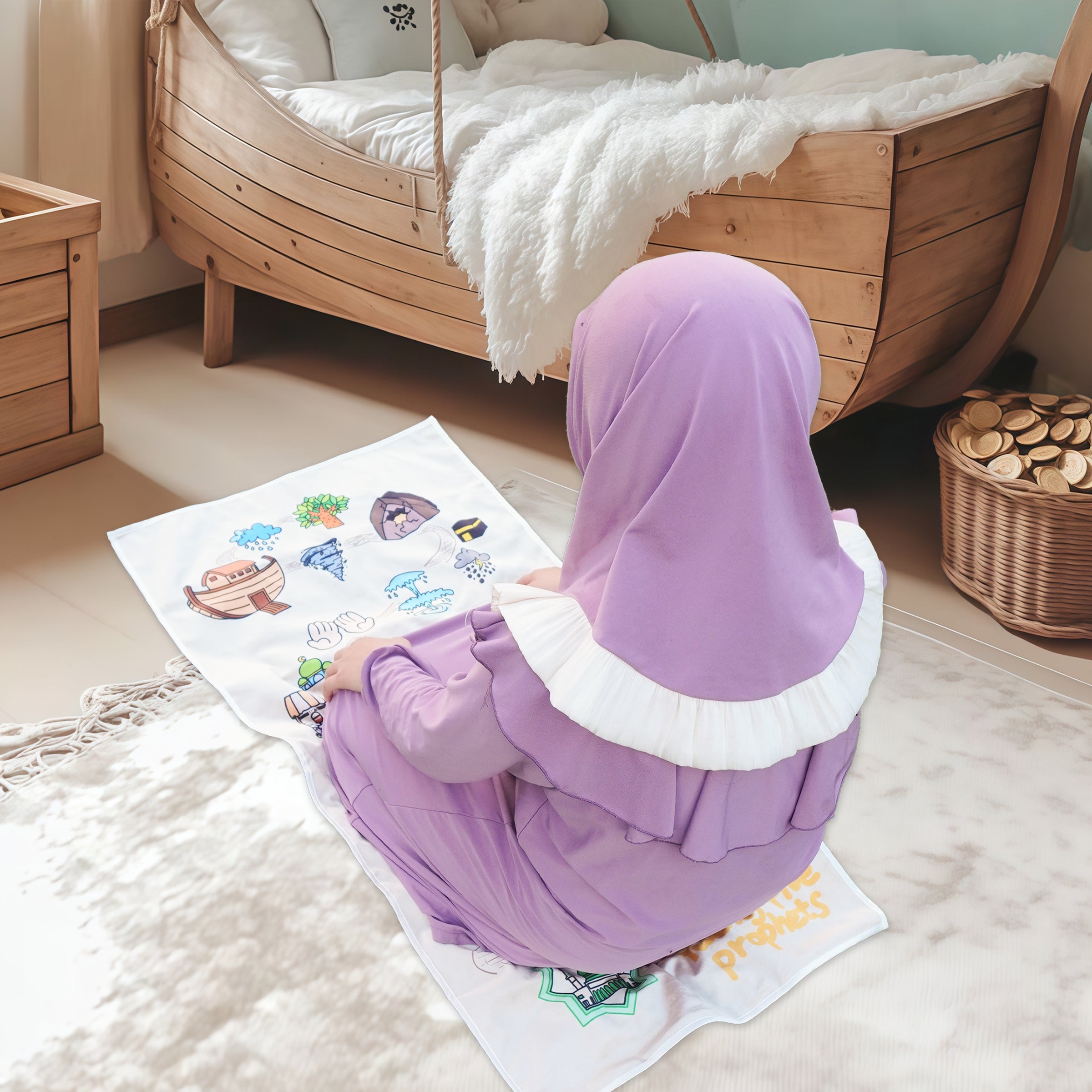 Eco-Friendly Kids Islamic Prayer Mat - 25 Prophets Stories Educational Muslim Rug with Kaaba & Prophet Tales, Waterproof Zero Formaldehyde & Odor-Free