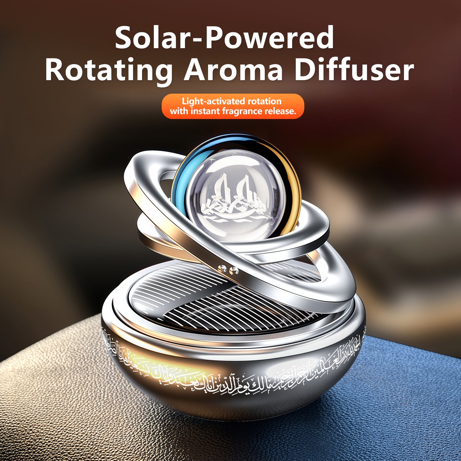 Solar-Powered Islamic Car Ornament – Rotating Bismillah Crystal Ball with Surah Al-Fatiha, Aromatherapy Diffuser & Silver/Red Colors