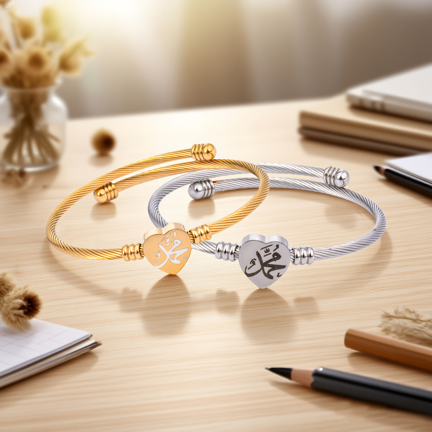 Islamic Muhammad Bracelet – Stainless Steel, Heart Shape, Gold & Silver