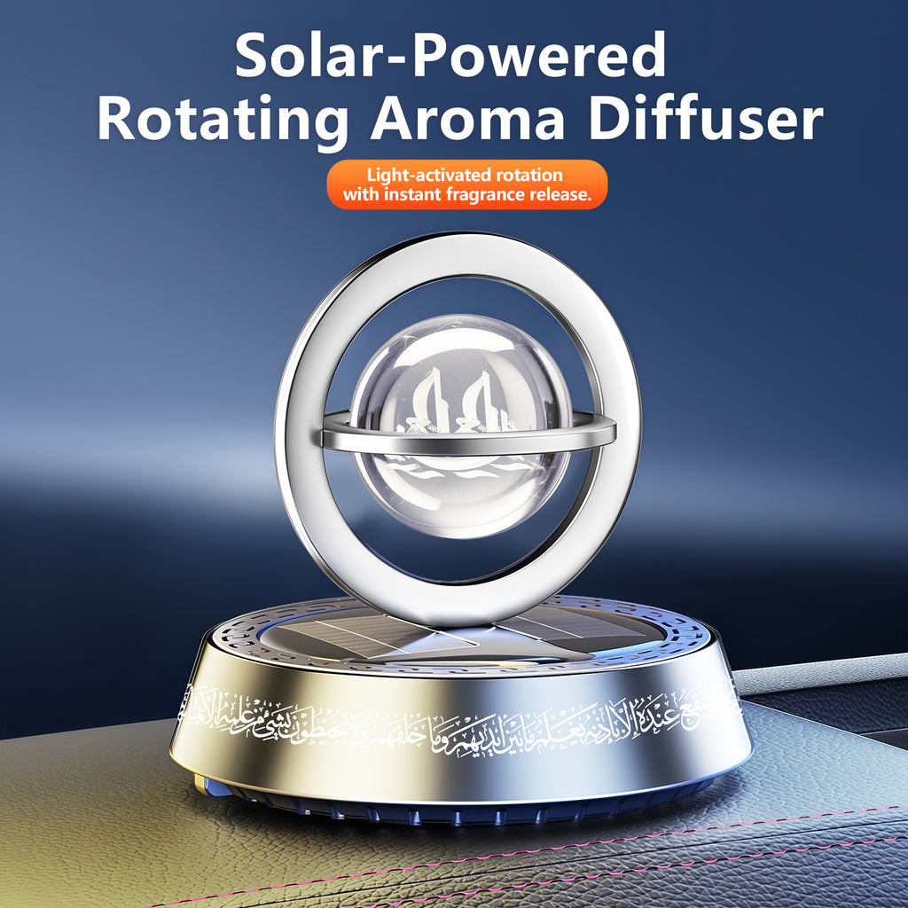 Solar-Powered Islamic Car Ornament – Rotating Bismillah Crystal Ball with Ayat Al-Kursi, Aromatherapy Diffuser & Silver/Black Colors