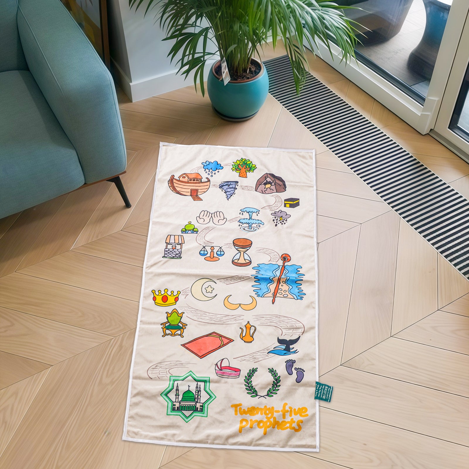 Eco-Friendly Kids Islamic Prayer Mat - 25 Prophets Stories Educational Muslim Rug with Kaaba & Prophet Tales, Waterproof Zero Formaldehyde & Odor-Free
