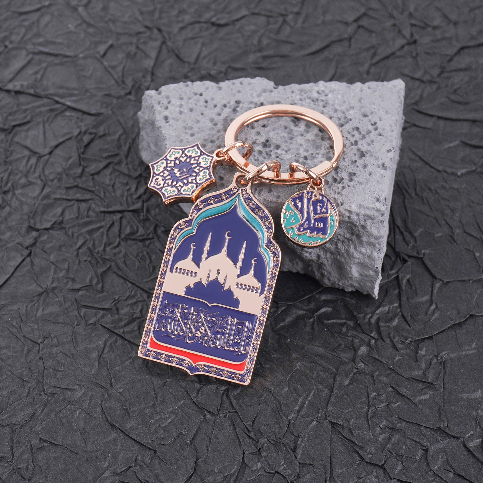 Islamic Keychain with Shahada & MashaAllah – Zinc Alloy Mosque Design Key Ring Featuring Arabic Calligraphy, "Salaam" Charm & Allah’s Names – Muslim Gift for Men and Women