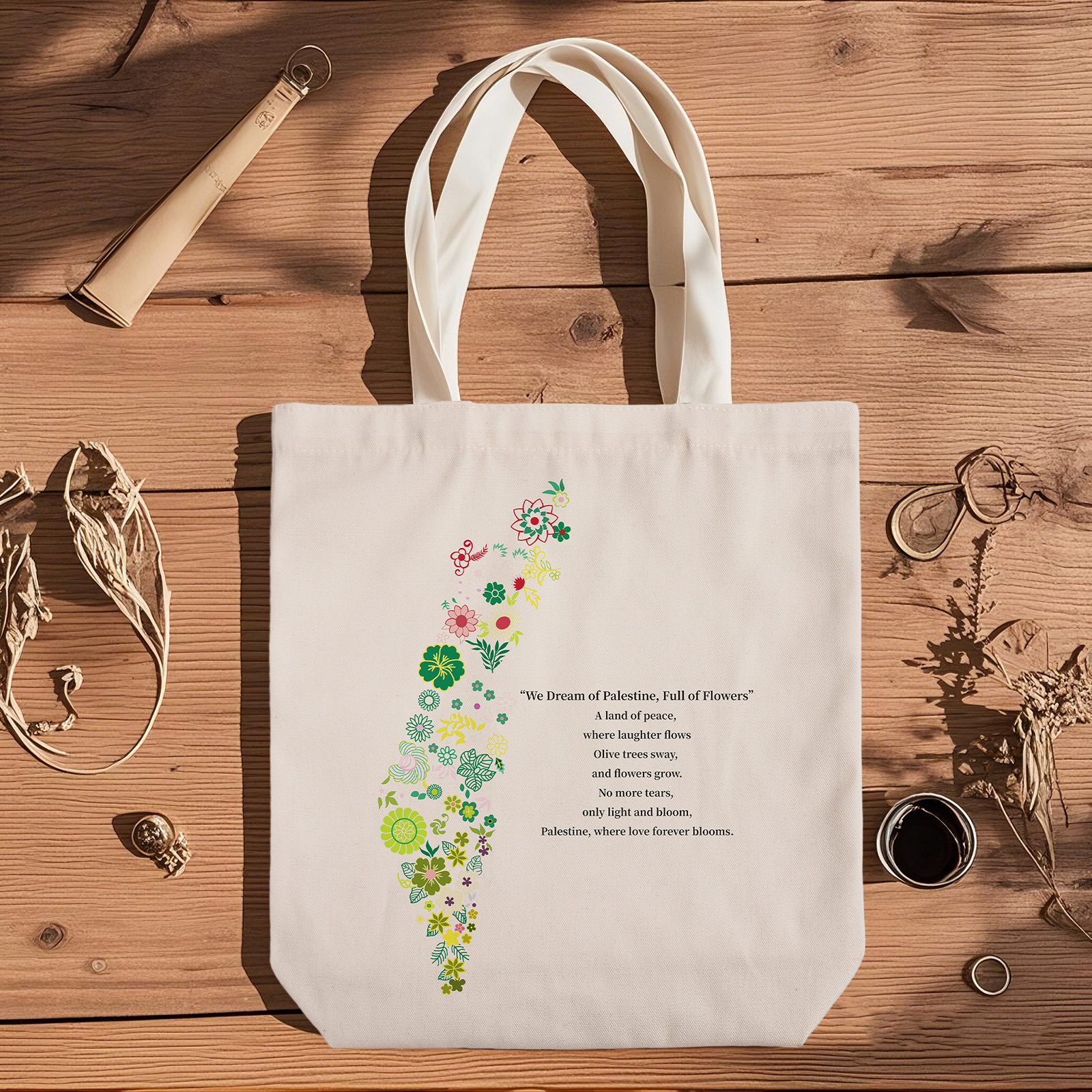 Palestine Tote Bag – "We Dream of Palestine, Full of Flowers" | Olive Tree Art, Peace & Islamic Design Canvas Bag