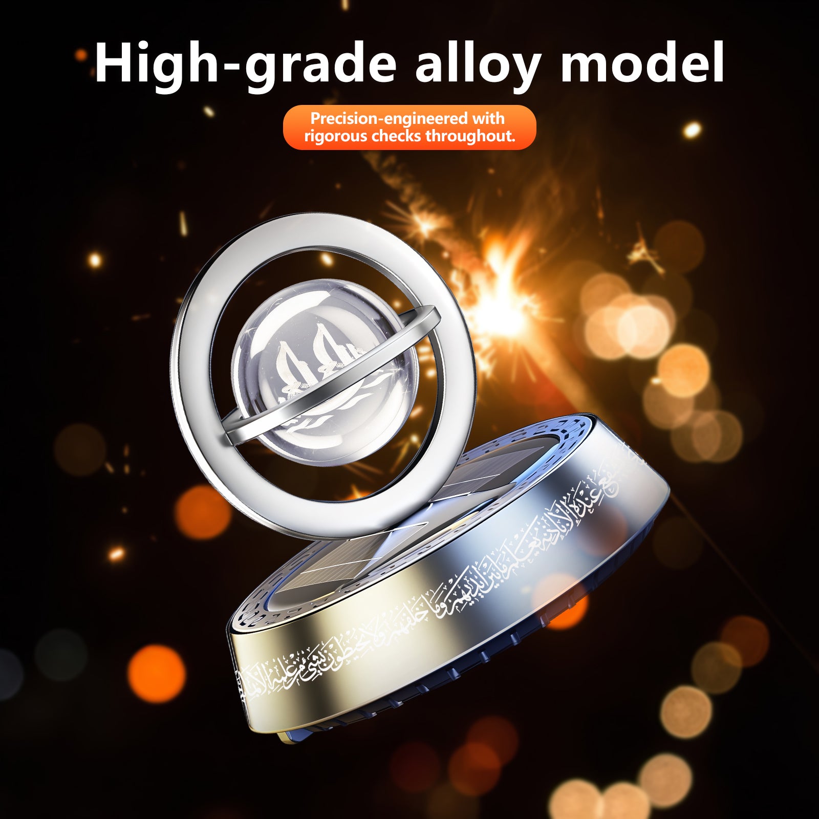 Solar-Powered Islamic Car Ornament – Rotating Bismillah Crystal Ball with Ayat Al-Kursi, Aromatherapy Diffuser & Silver/Black Colors