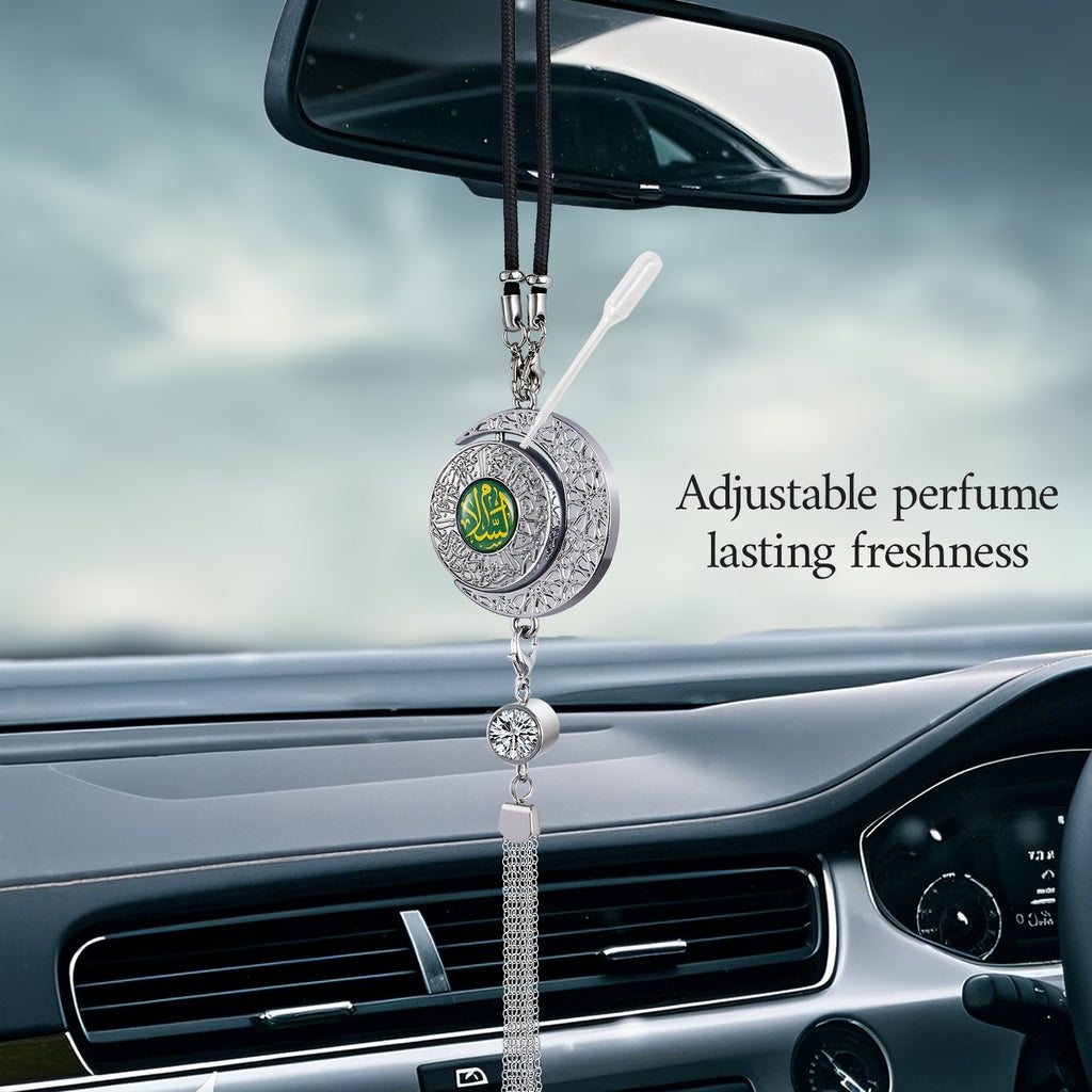 Islamic Star and Crescent Car Hanging Ornament with Quranic Verses – Zinc Alloy Perfume Diffuser Pendant Featuring Arabic Calligraphy "Salaam" & "Barakah" – Muslim Car Decor with 360° Swivel Design