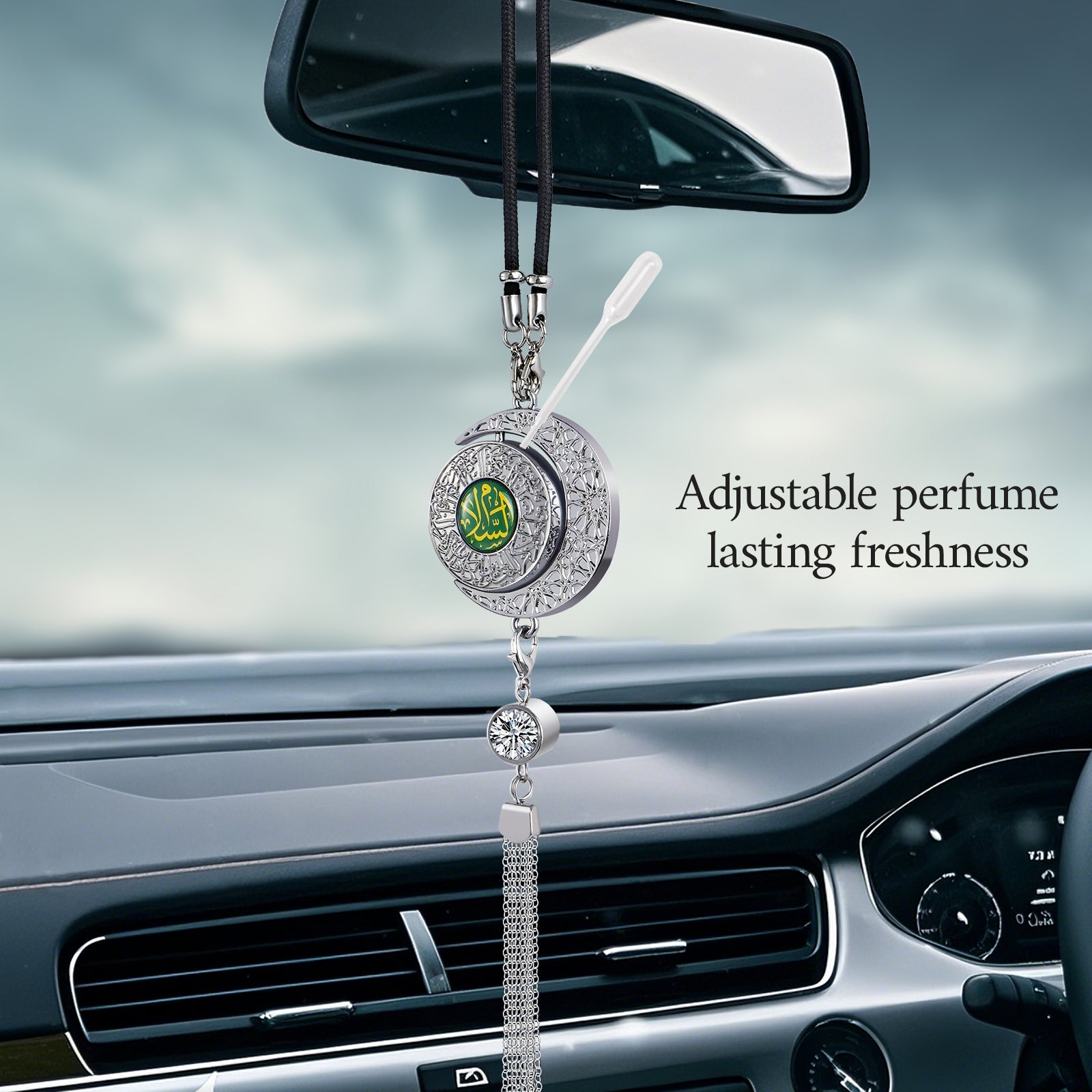 Islamic Star and Crescent Car Hanging Ornament with Quranic Verses – Zinc Alloy Perfume Diffuser Pendant Featuring Arabic Calligraphy "Salaam" & "Barakah" – Muslim Car Decor with 360° Swivel Design