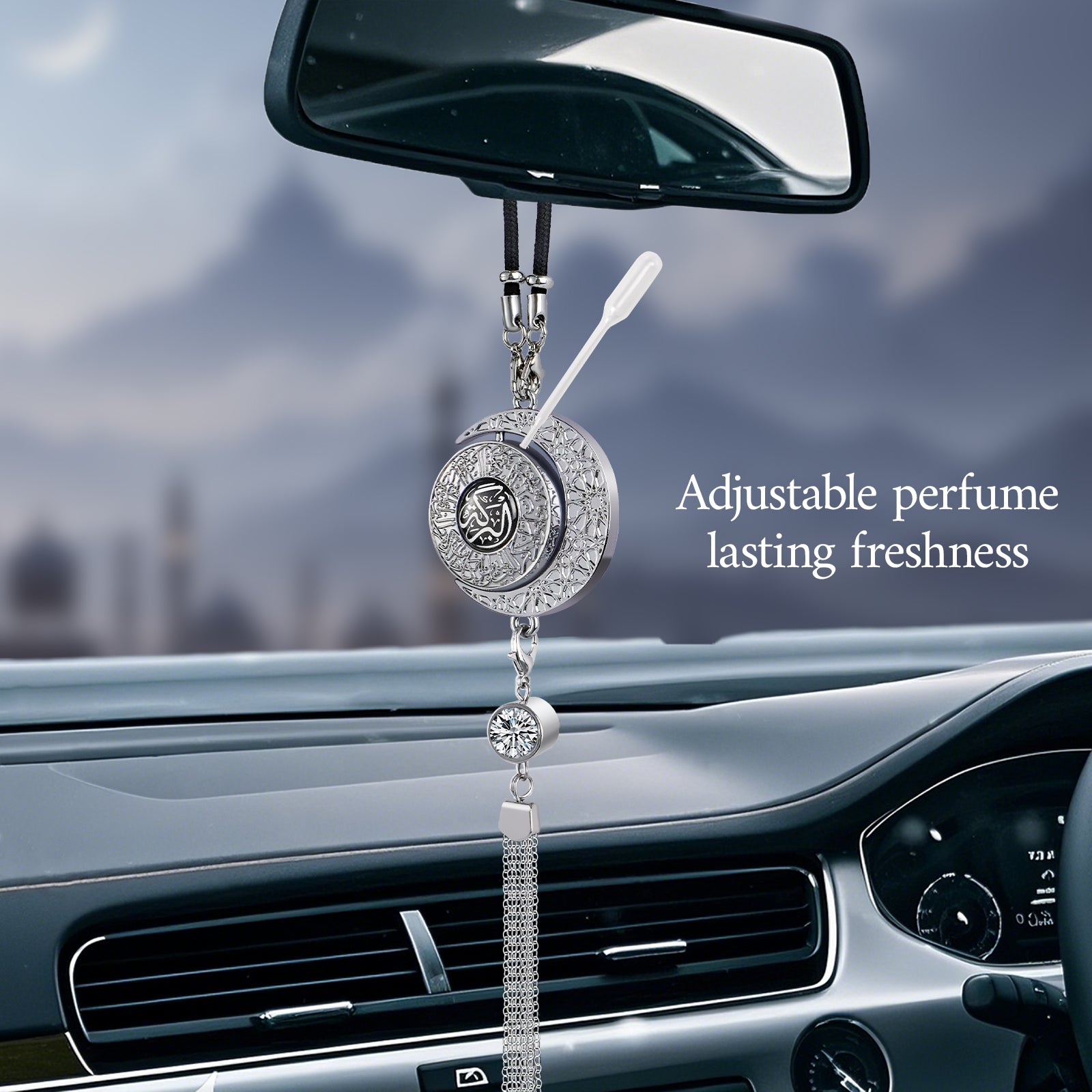 Islamic Star and Crescent Car Hanging Ornament with Quranic Verses – Zinc Alloy Perfume Diffuser Pendant Featuring Arabic Calligraphy "Salaam" & "Barakah" – Muslim Car Decor with 360° Swivel Design