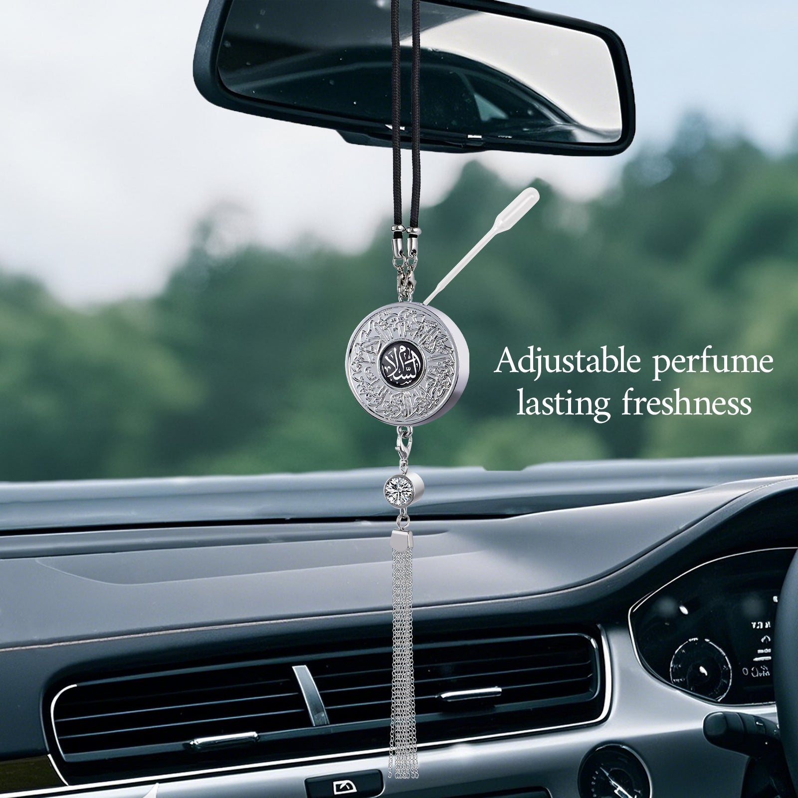 Islamic Car Hanging Ornament with Quranic Verses – Zinc Alloy Perfume Diffuser Pendant with Arabic Calligraphy "Salaam" & "Barakah" – Muslim Car Decor for Peace & Blessings