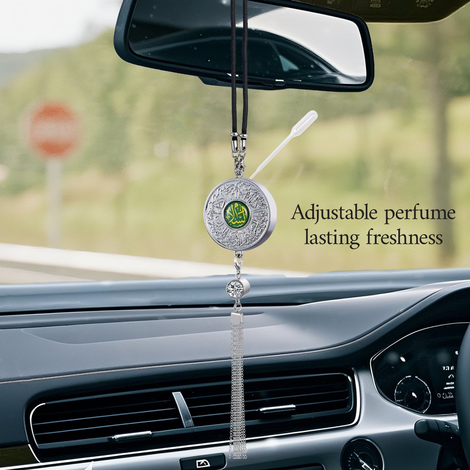 Islamic Car Hanging Ornament with Quranic Verses – Zinc Alloy Perfume Diffuser Pendant with Arabic Calligraphy "Salaam" & "Barakah" – Muslim Car Decor for Peace & Blessings