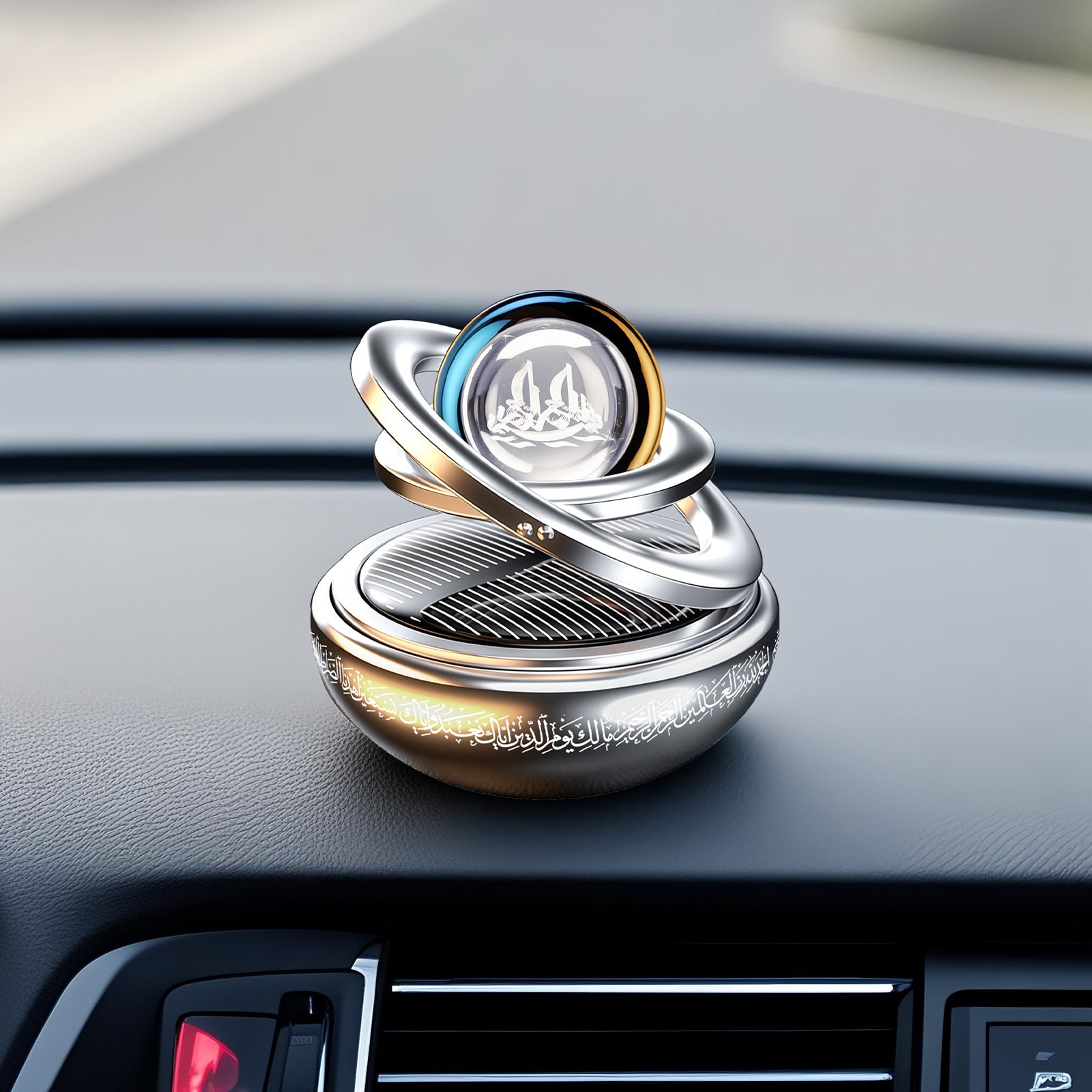 Solar-Powered Islamic Car Ornament – Rotating Bismillah Crystal Ball with Surah Al-Fatiha, Aromatherapy Diffuser & Silver/Red Colors