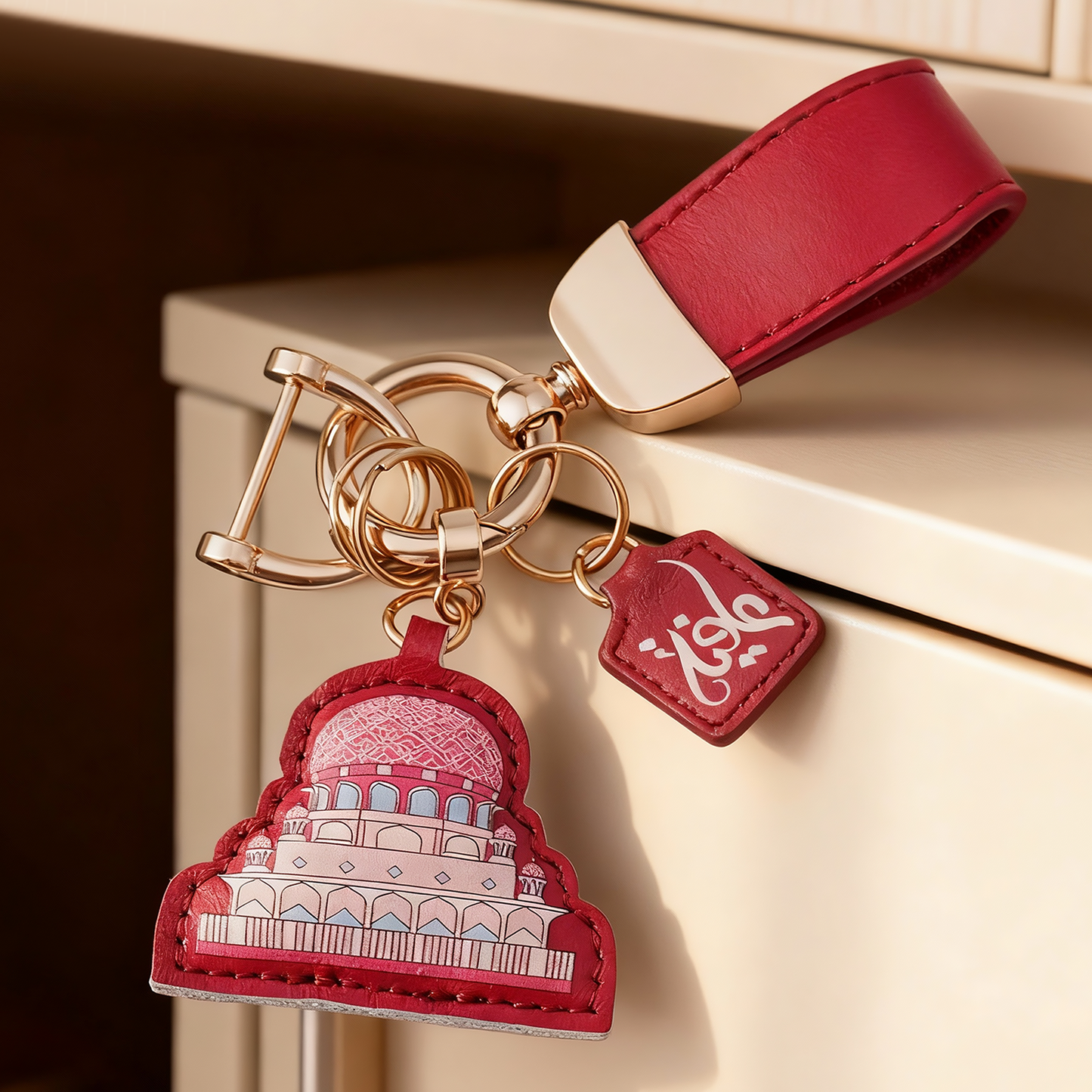 Pink Mosque Leather Keychain – Islamic Gift with Arabic "Health" Charm
