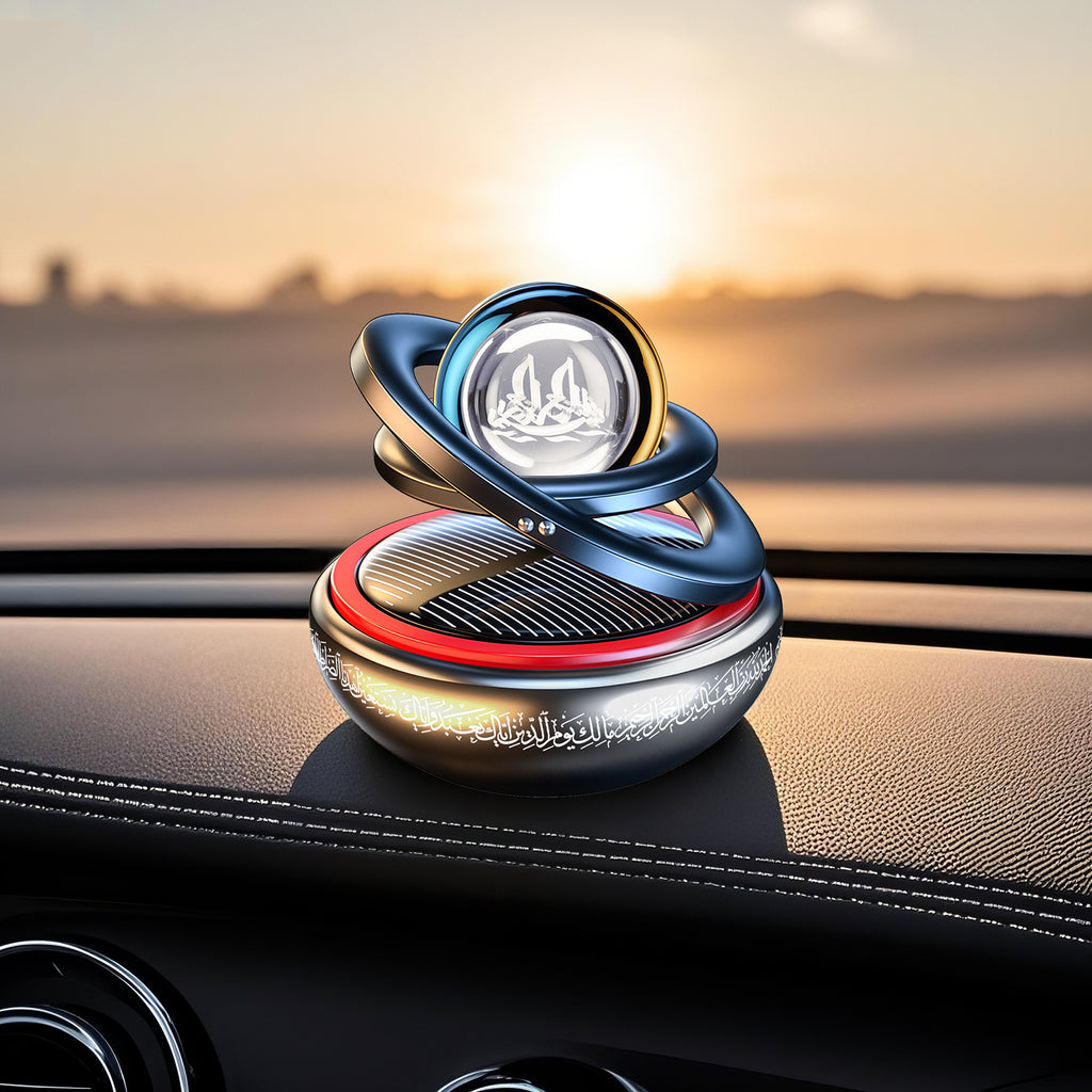 Solar-Powered Islamic Car Ornament – Rotating Bismillah Crystal Ball with Surah Al-Fatiha, Aromatherapy Diffuser & Silver/Red Colors