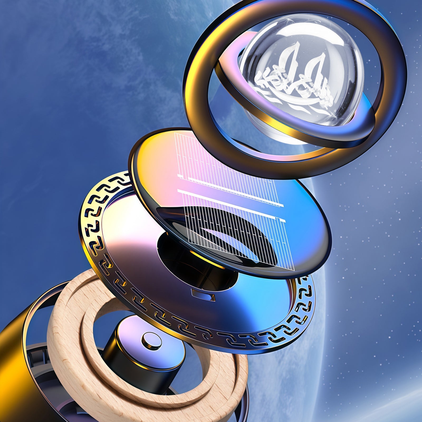 Solar-Powered Islamic Car Ornament – Rotating Bismillah Crystal Ball with Ayat Al-Kursi, Aromatherapy Diffuser & Silver/Black Colors