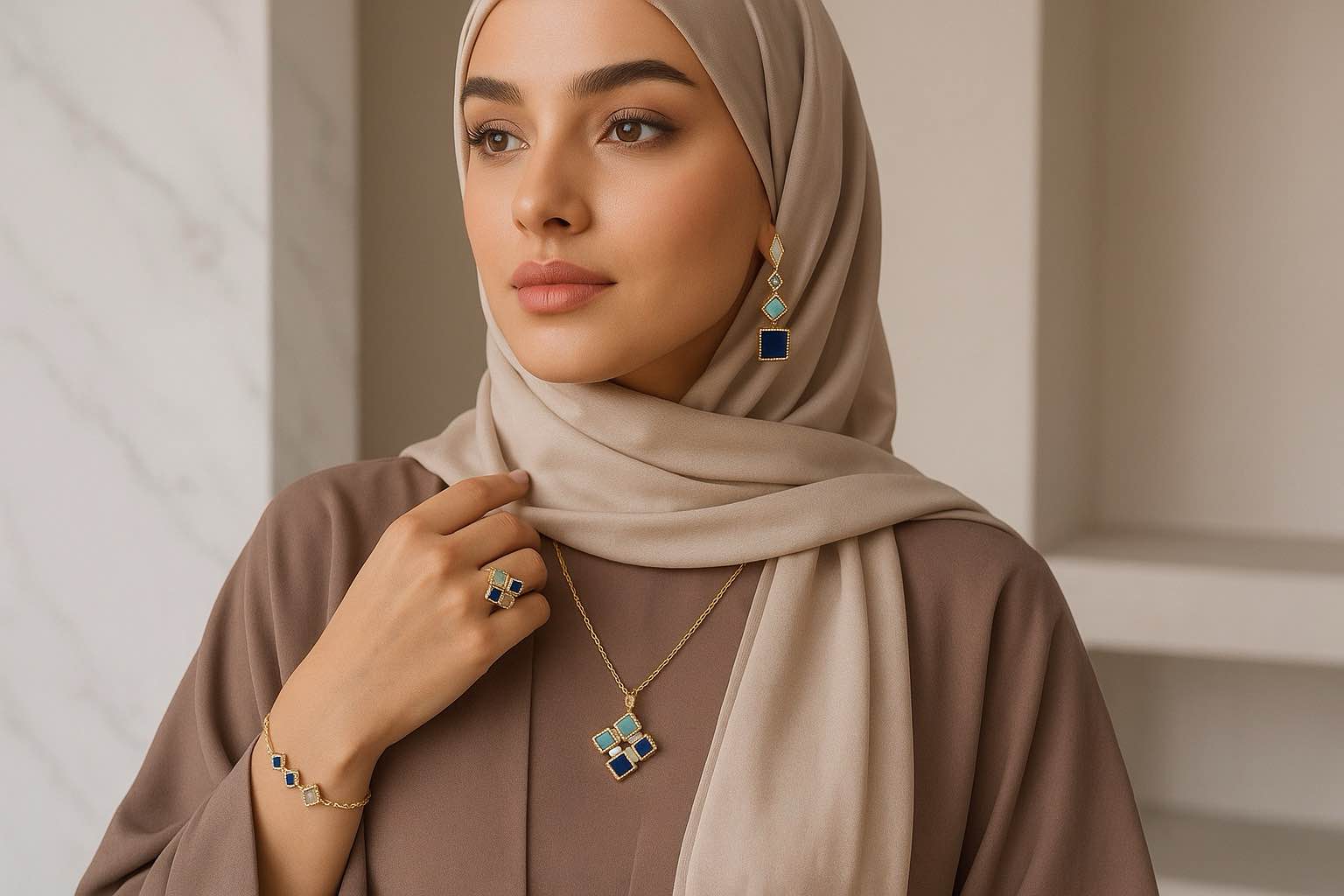 Islamic Jewelry Set in Mosque Blue – 18K Gold-Plated Copper Geometric Necklace, Earrings, Bracelet & Ring – Muslim Fashion Gift for Ramadan & Eid