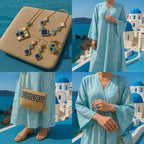 Islamic Jewelry Set in Mosque Blue – 18K Gold-Plated Copper Geometric Necklace, Earrings, Bracelet & Ring – Muslim Fashion Gift for Ramadan & Eid