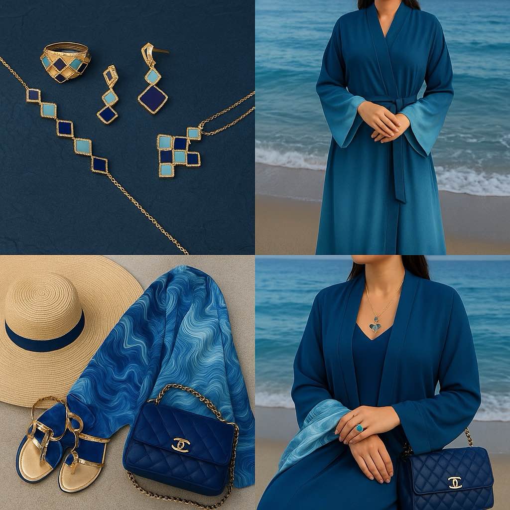 Islamic Jewelry Set in Mosque Blue – 18K Gold-Plated Copper Geometric Necklace, Earrings, Bracelet & Ring – Muslim Fashion Gift for Ramadan & Eid