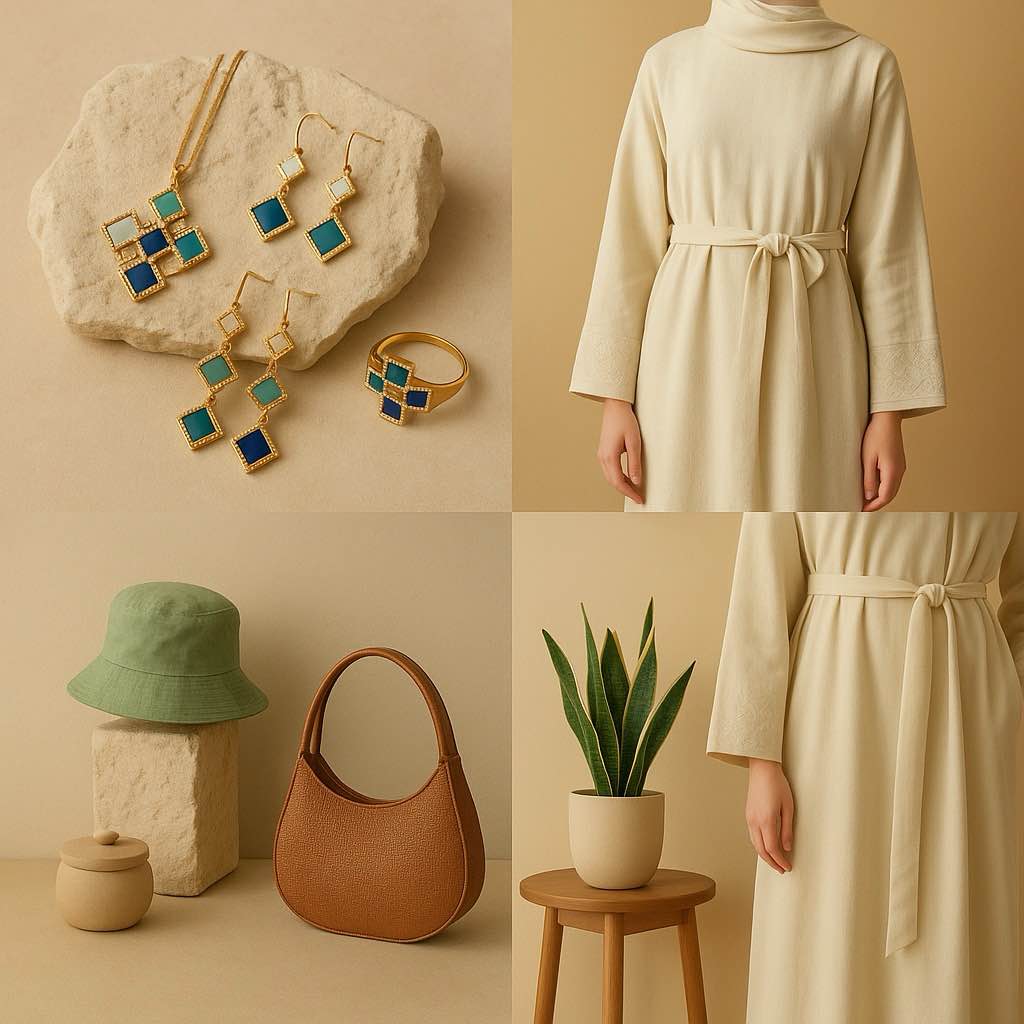 Islamic Jewelry Set – 18K Gold Plated Copper with Mosque Blue & White Shell Design