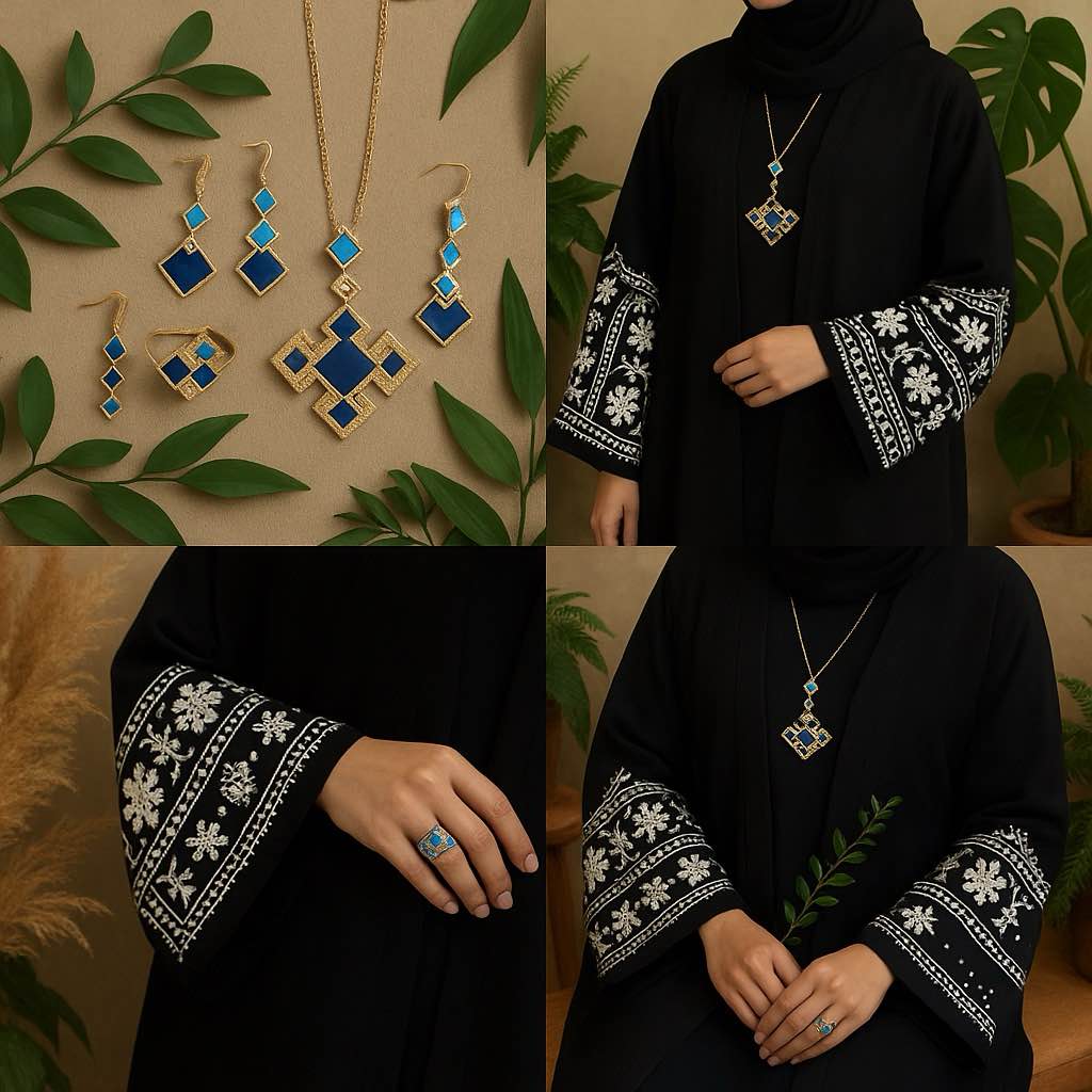 Islamic Jewelry Set in Mosque Blue – 18K Gold-Plated Copper Geometric Necklace, Earrings, Bracelet & Ring – Muslim Fashion Gift for Ramadan & Eid