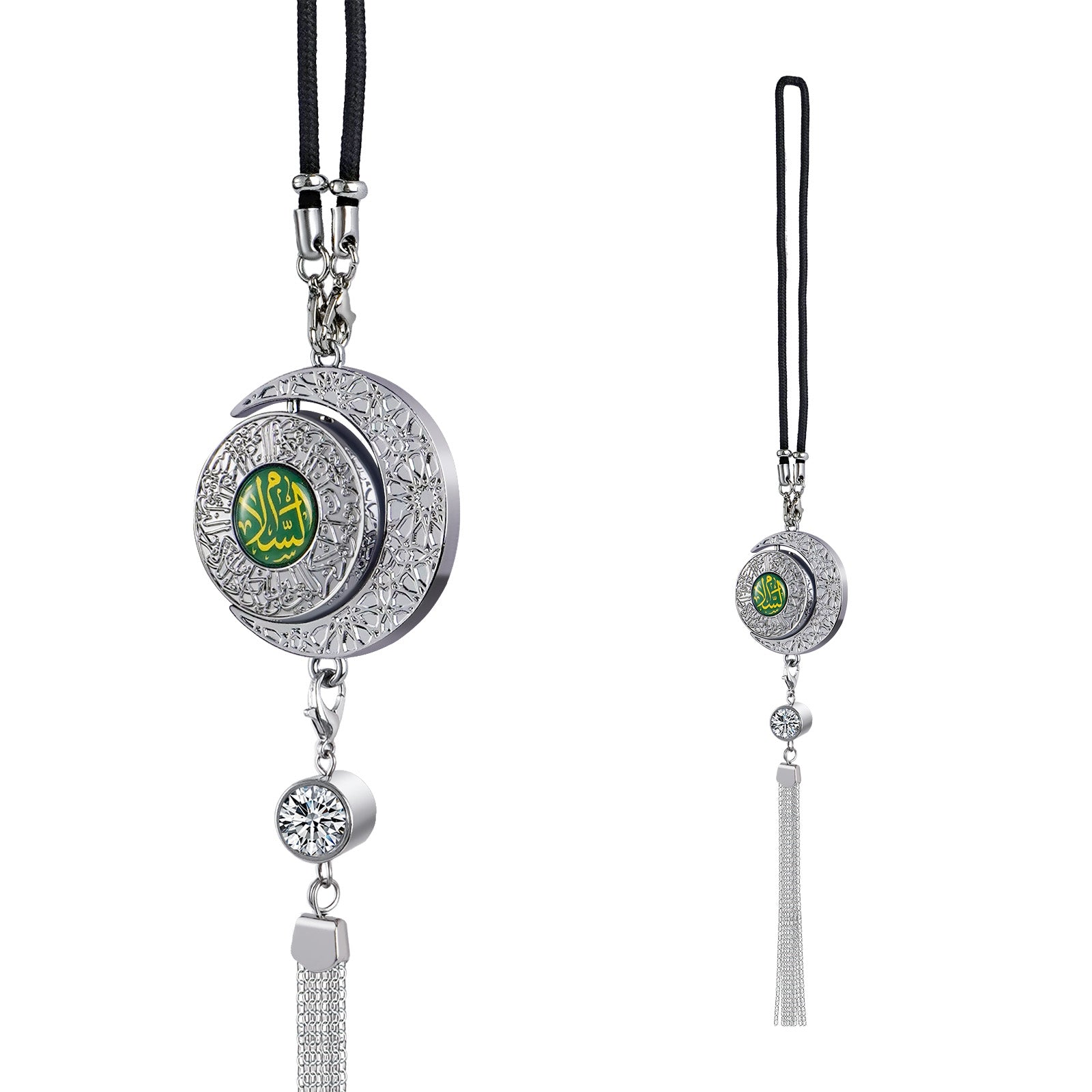 Islamic Star and Crescent Car Hanging Ornament with Quranic Verses – Zinc Alloy Perfume Diffuser Pendant Featuring Arabic Calligraphy "Salaam" & "Barakah" – Muslim Car Decor with 360° Swivel Design