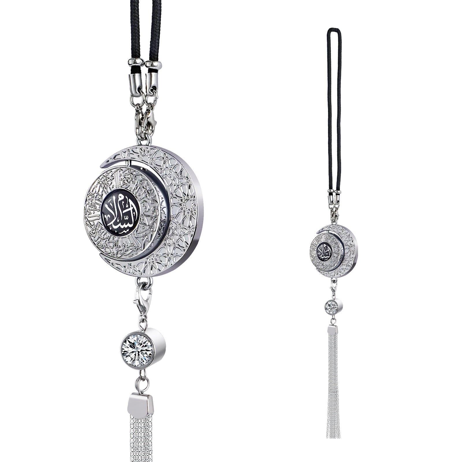Islamic Star and Crescent Car Hanging Ornament with Quranic Verses – Zinc Alloy Perfume Diffuser Pendant Featuring Arabic Calligraphy "Salaam" & "Barakah" – Muslim Car Decor with 360° Swivel Design