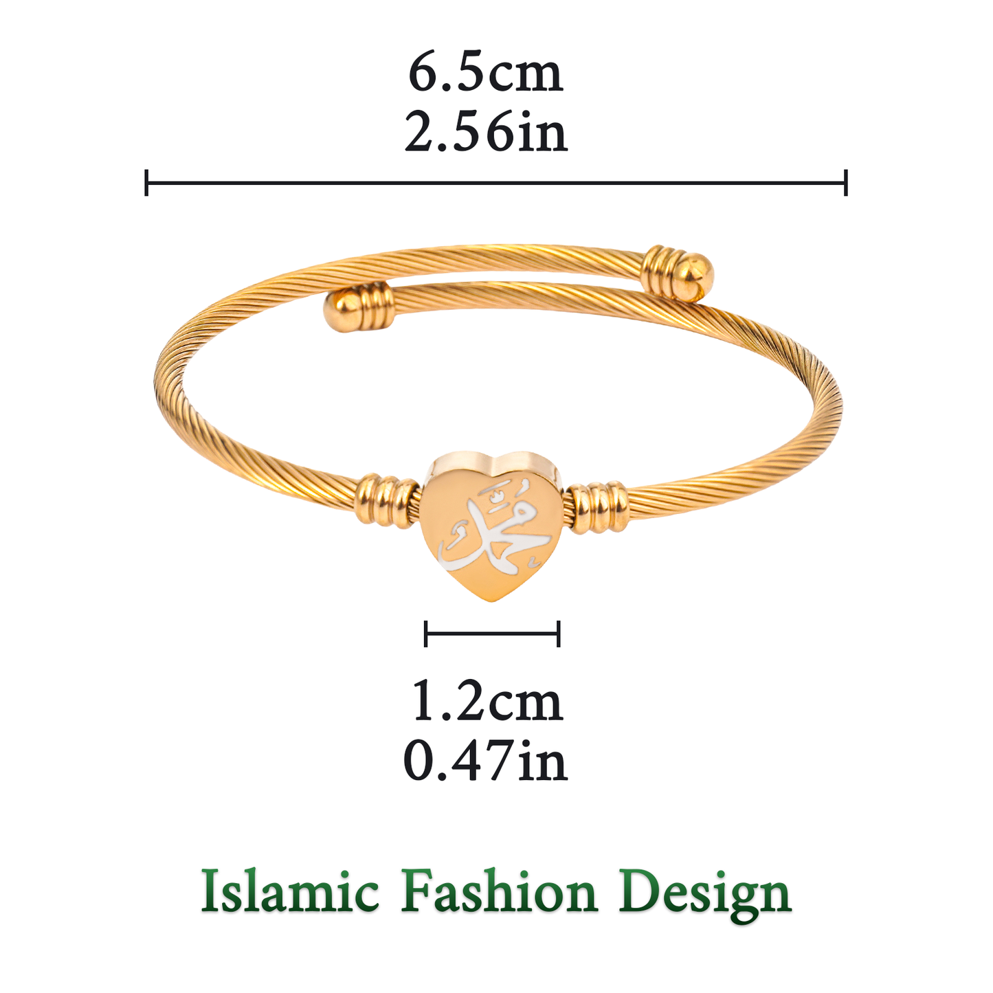 Islamic Muhammad Bracelet – Stainless Steel, Heart Shape, Gold & Silver