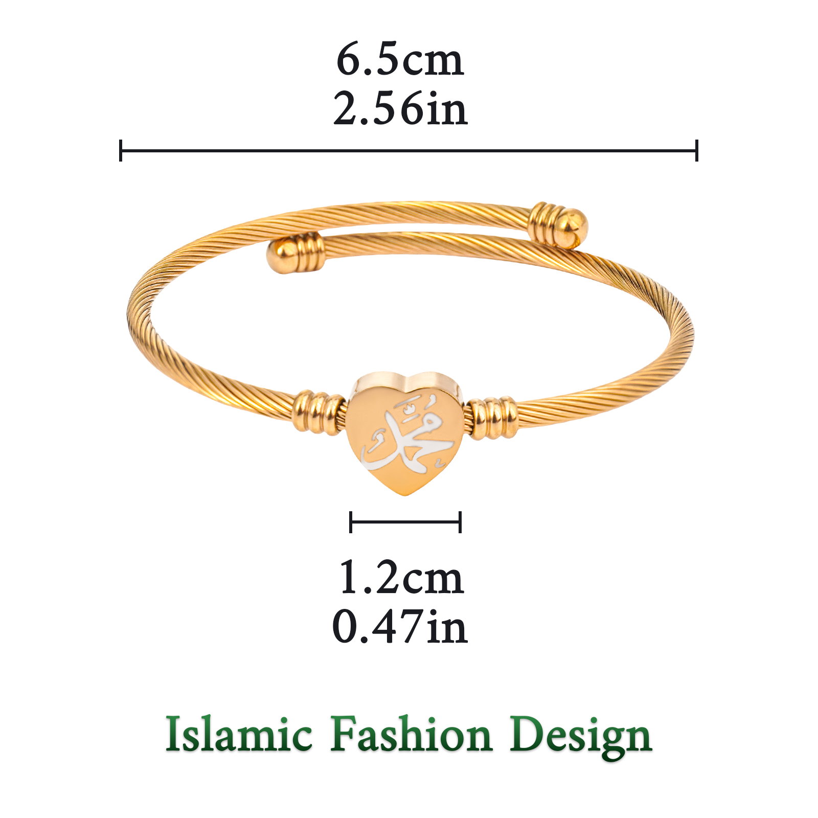 Islamic Muhammad Bracelet – Stainless Steel, Heart Shape, Gold & Silver