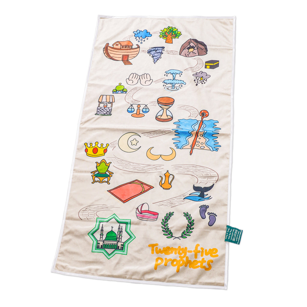 Eco-Friendly Kids Islamic Prayer Mat - 25 Prophets Stories Educational Muslim Rug with Kaaba & Prophet Tales, Waterproof Zero Formaldehyde & Odor-Free
