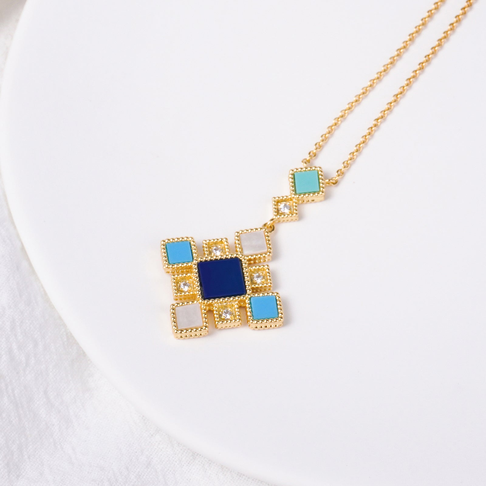 Islamic Jewelry Set in Mosque Blue – 18K Gold-Plated Copper Geometric Necklace, Earrings, Bracelet & Ring – Muslim Fashion Gift for Ramadan & Eid