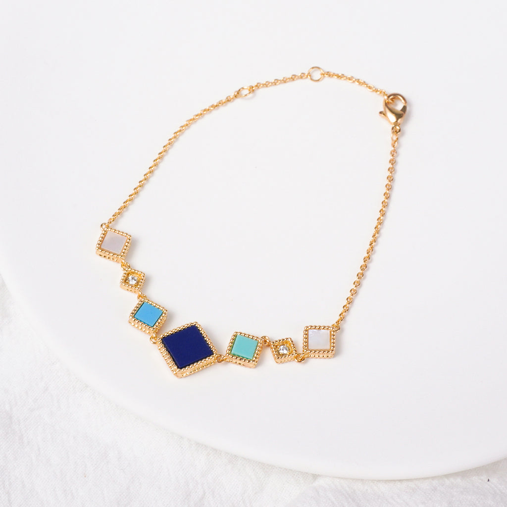 Islamic Jewelry Set in Mosque Blue – 18K Gold-Plated Copper Geometric Necklace, Earrings, Bracelet & Ring – Muslim Fashion Gift for Ramadan & Eid