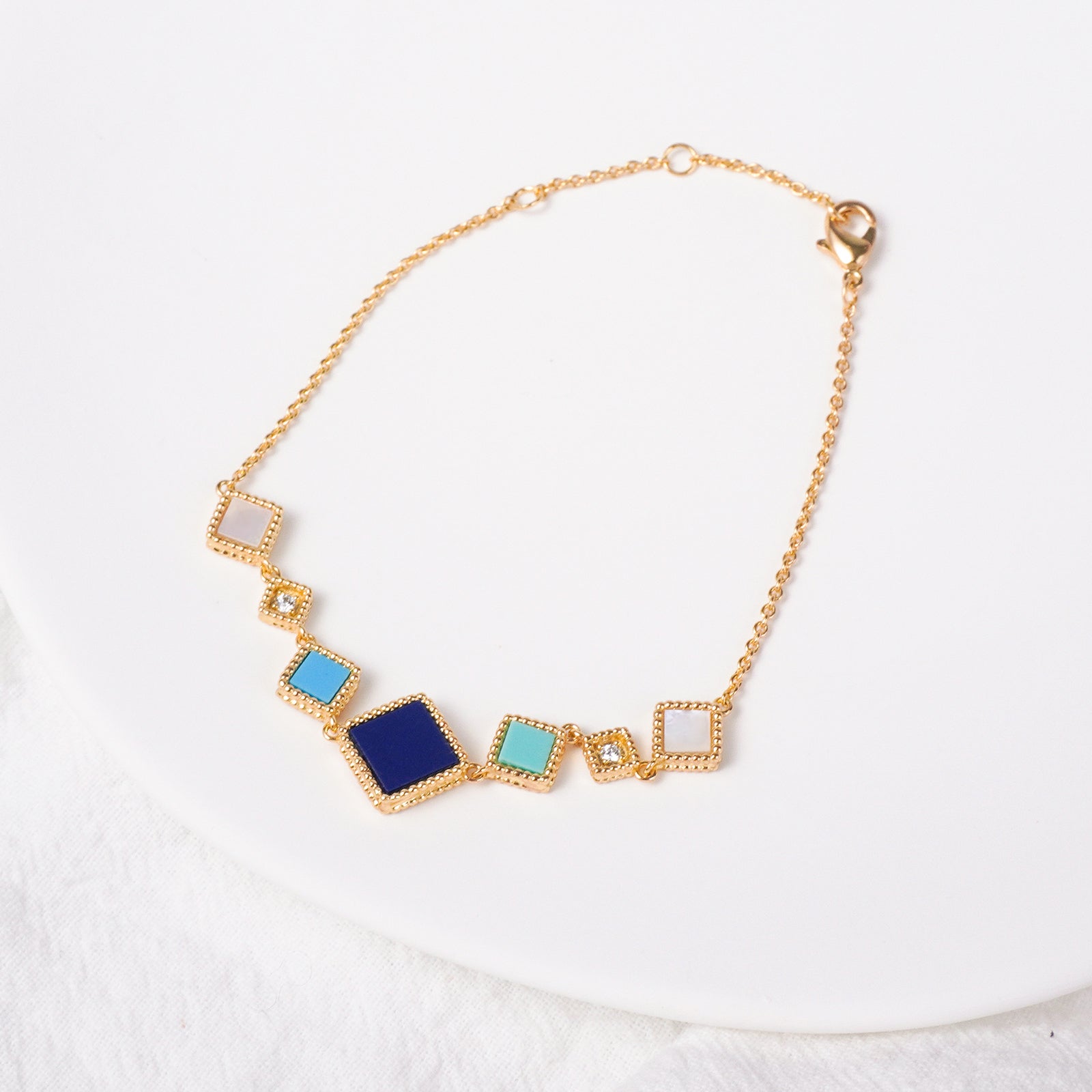 Islamic Jewelry Set in Mosque Blue – 18K Gold-Plated Copper Geometric Necklace, Earrings, Bracelet & Ring – Muslim Fashion Gift for Ramadan & Eid