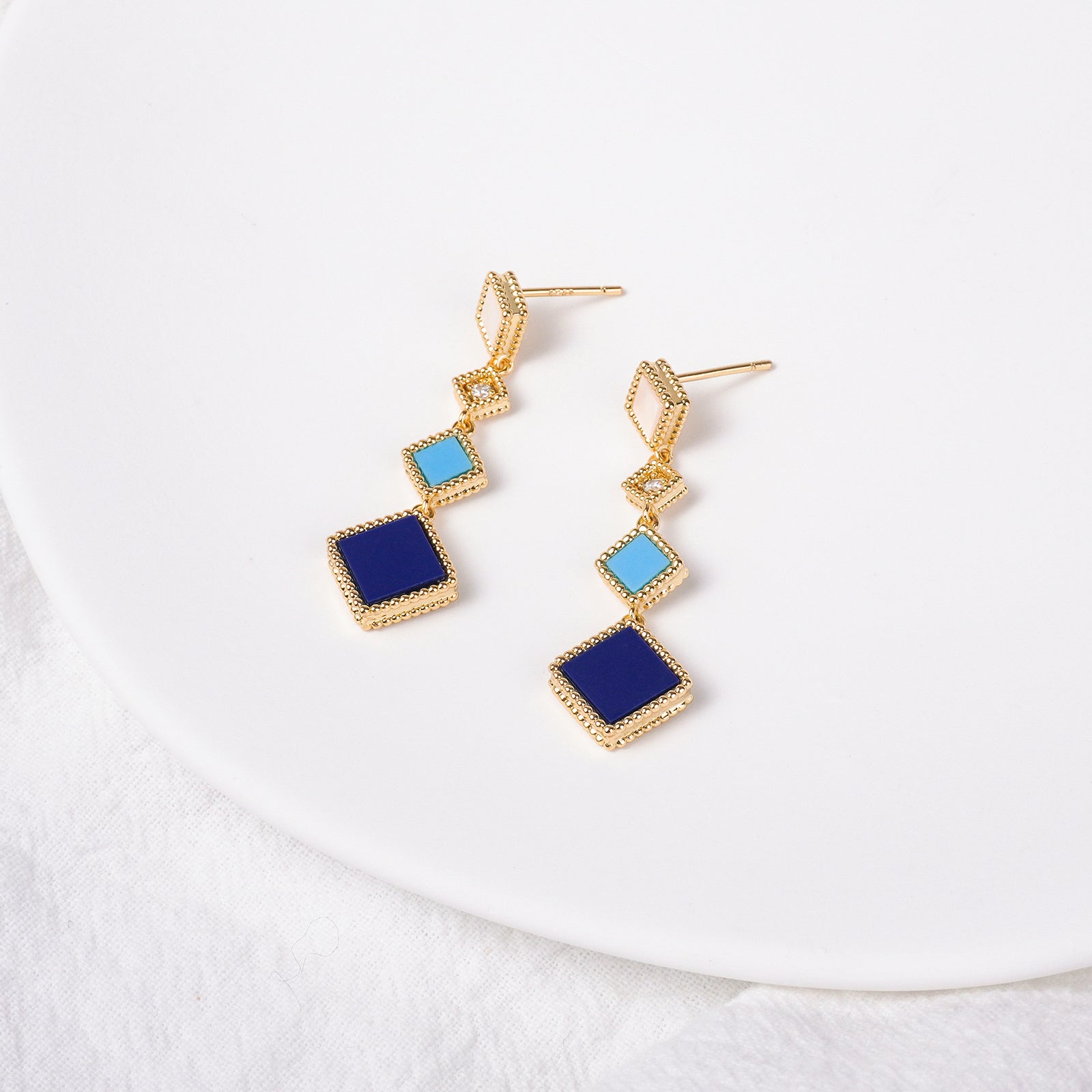 Islamic Jewelry Set in Mosque Blue – 18K Gold-Plated Copper Geometric Necklace, Earrings, Bracelet & Ring – Muslim Fashion Gift for Ramadan & Eid