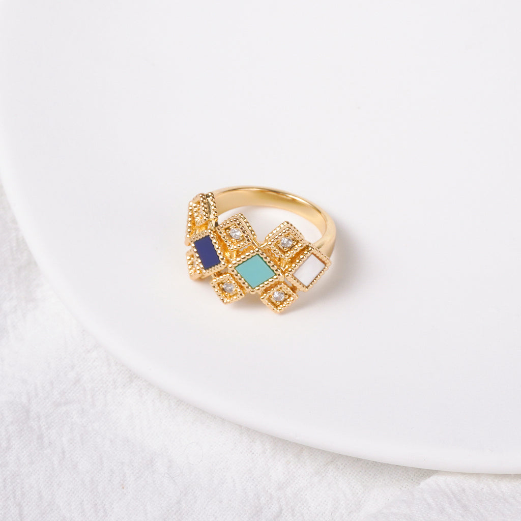 Islamic Jewelry Set in Mosque Blue – 18K Gold-Plated Copper Geometric Necklace, Earrings, Bracelet & Ring – Muslim Fashion Gift for Ramadan & Eid