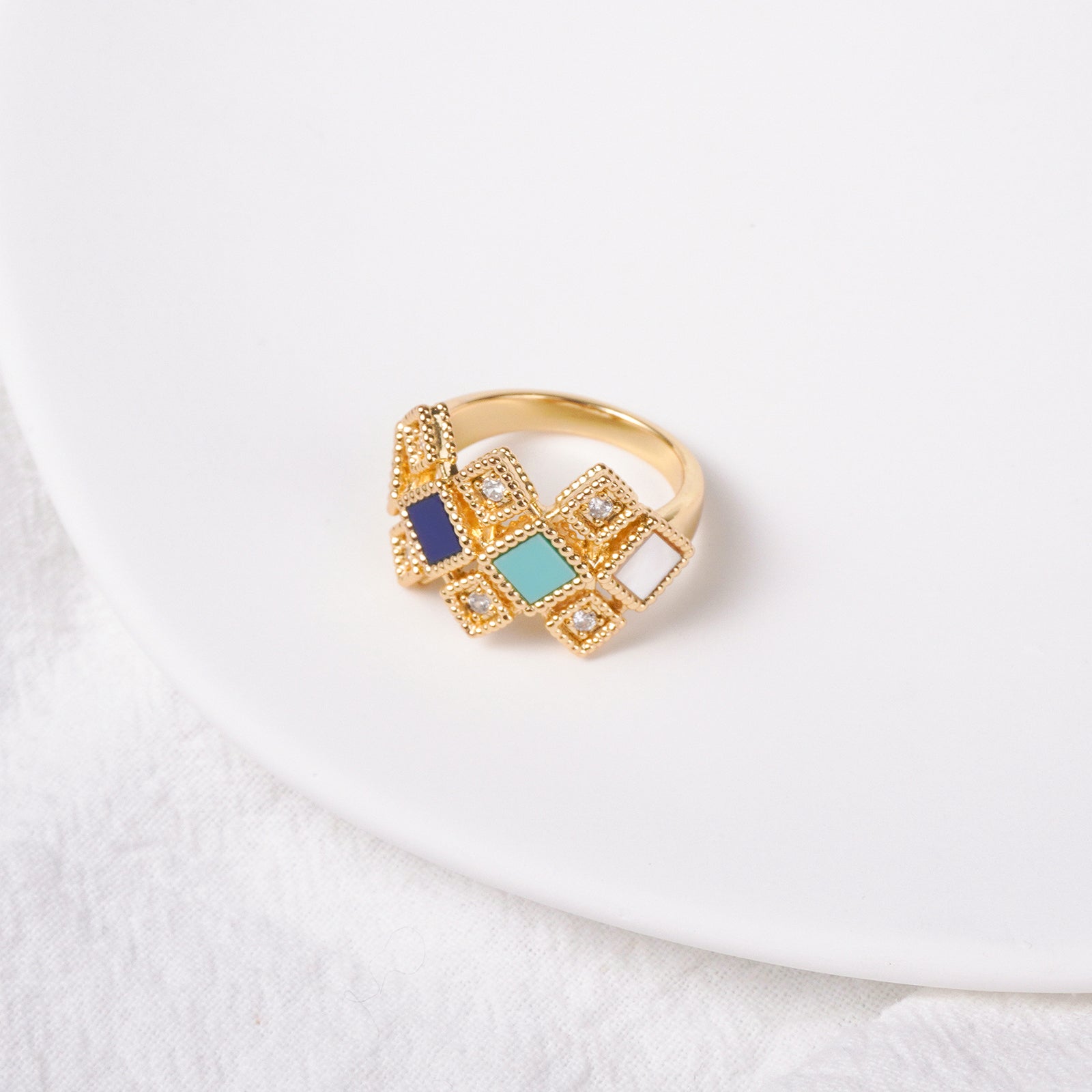 Islamic Jewelry Set in Mosque Blue – 18K Gold-Plated Copper Geometric Necklace, Earrings, Bracelet & Ring – Muslim Fashion Gift for Ramadan & Eid