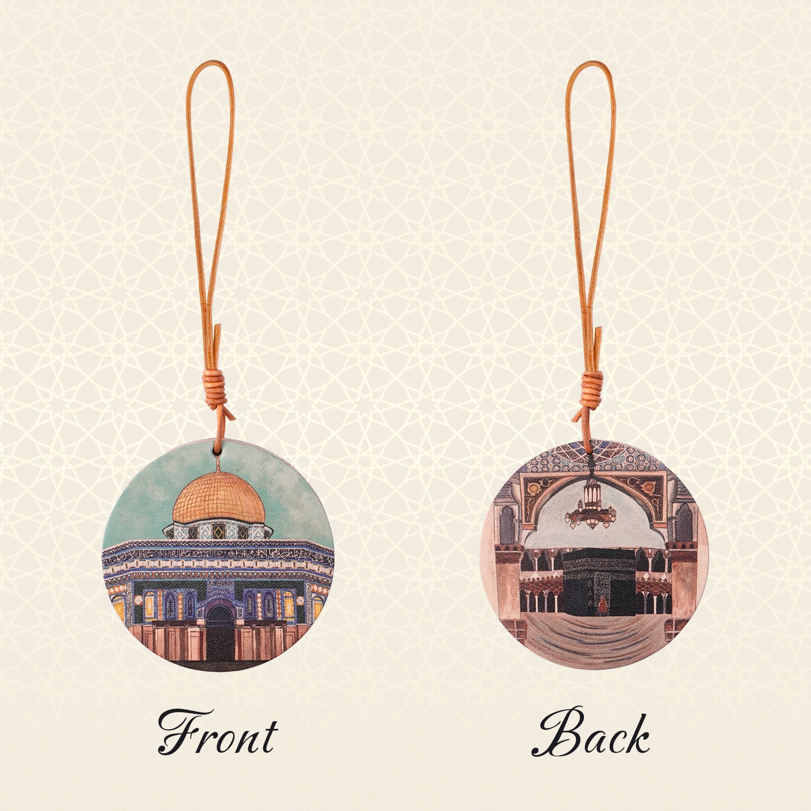 Islamic Car Hanging – Genuine Leather with Dome of the Rock & Kaaba Art