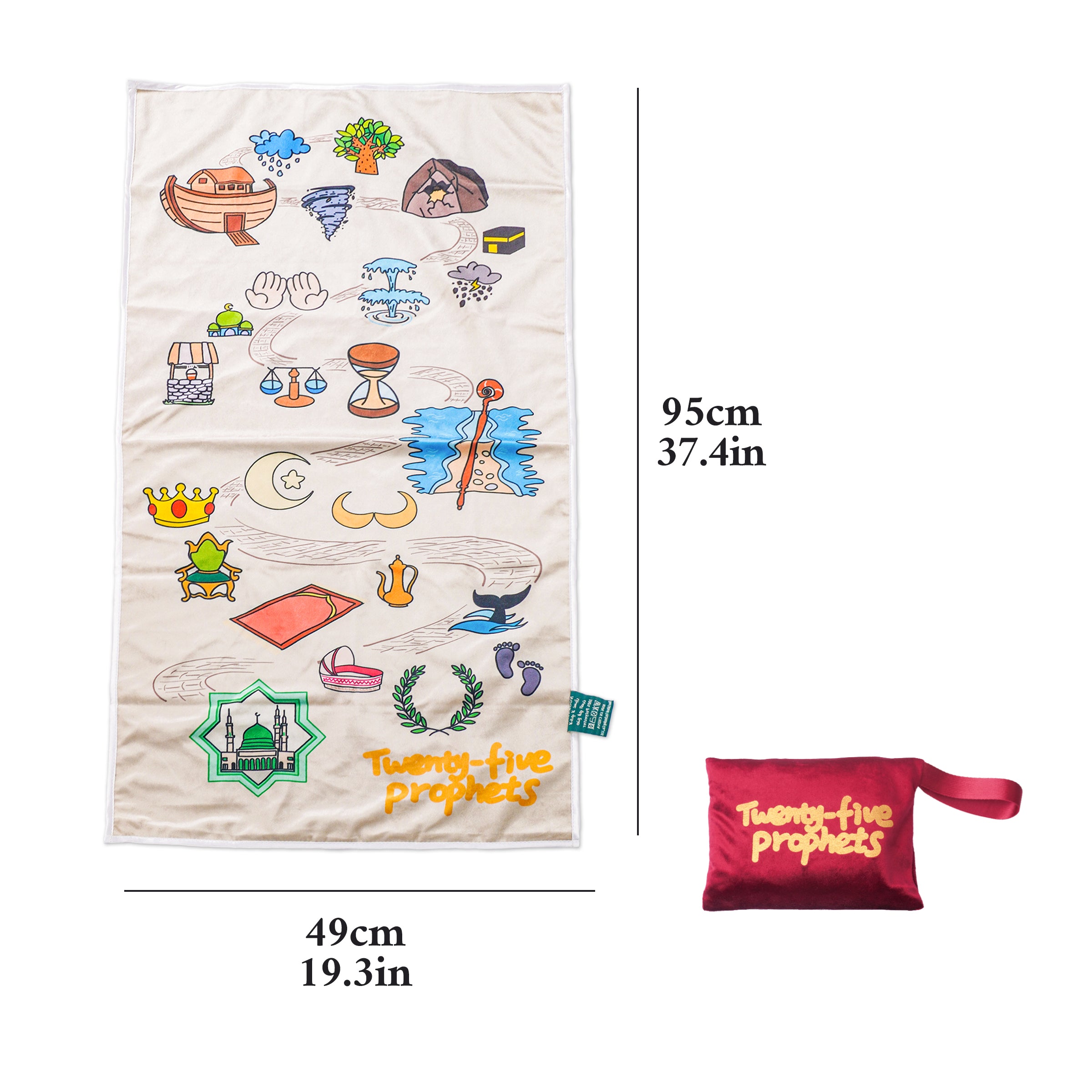 Eco-Friendly Kids Islamic Prayer Mat - 25 Prophets Stories Educational Muslim Rug with Kaaba & Prophet Tales, Waterproof Zero Formaldehyde & Odor-Free